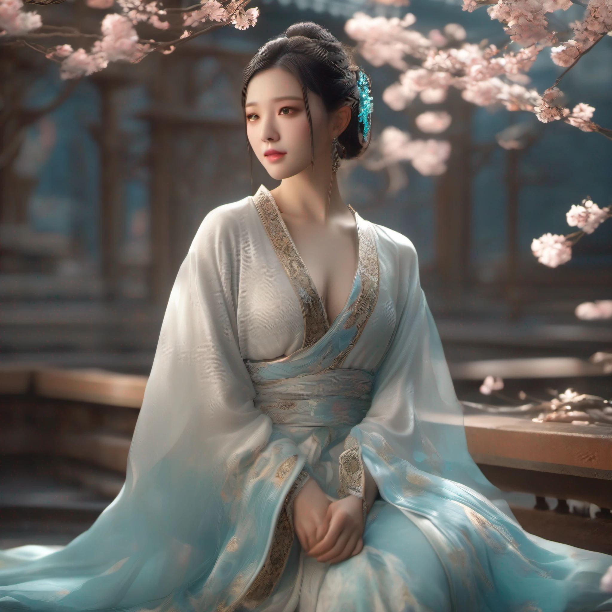 Best Quality, Masterpiece, Ultra High Resolution, One Girl, Deep V, Big Tits, Luxurious Silky Bright Cyan Chiffon Flood (Illusion, Glitter, Ultra Thin, Soft,) Hanfu, Looking at the Viewer, Close Up, Ray Tracing, NVIDIA RTX, Super-Resolution, Unreal 5, Subsurface Scattering, PBR Textures, Post Processing, Anisotropic Filtering, Depth of Field, Maximum Sharpness and Clarity, Multi-layer Textures, Albedo and Highlight Maps, Surface Coloring, Accurate simulation of light-material interactions, perfect proportions, Octane Render, two-color light, large aperture, low ISO, white balance, rule of thirds, 8K RAW,