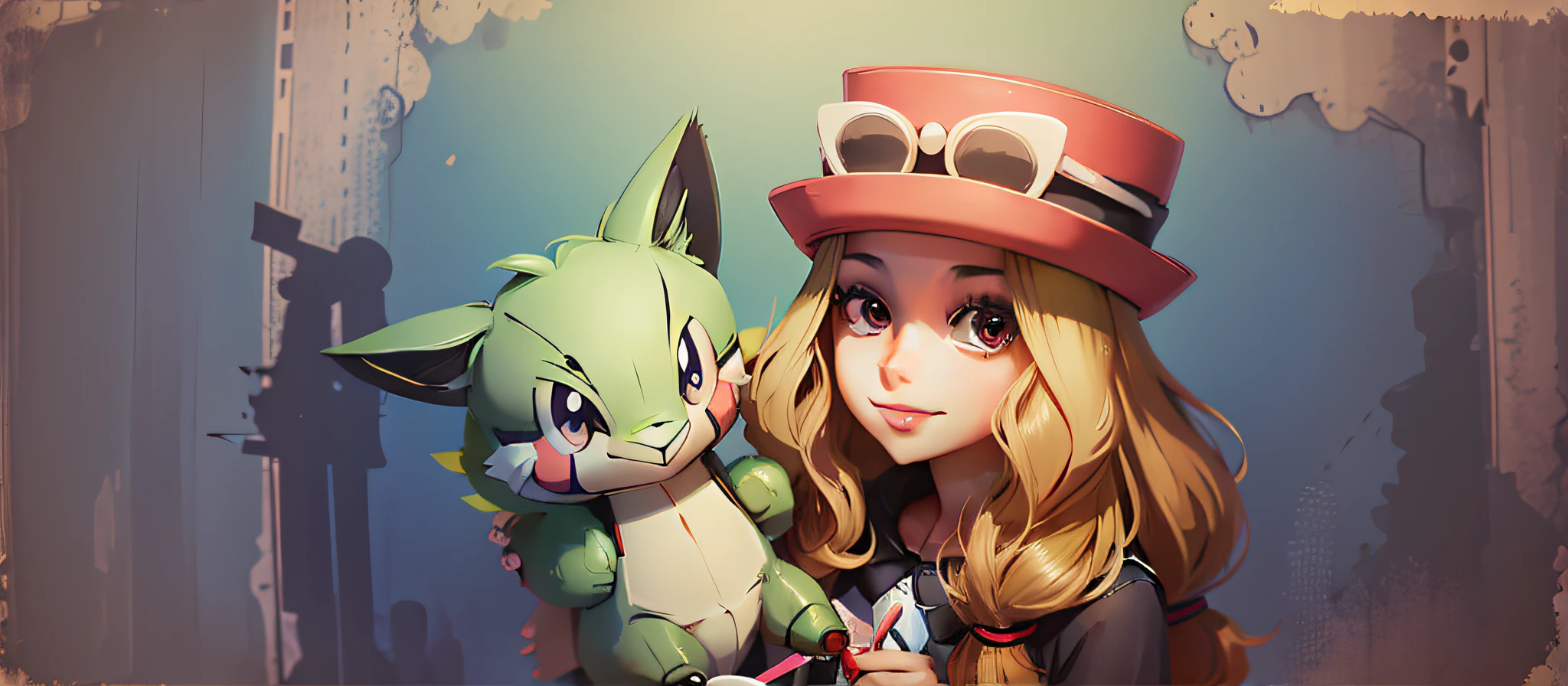 Create a background with a girl in a cap, holding a stuffed Pokémon(criatura) e sorrindo,