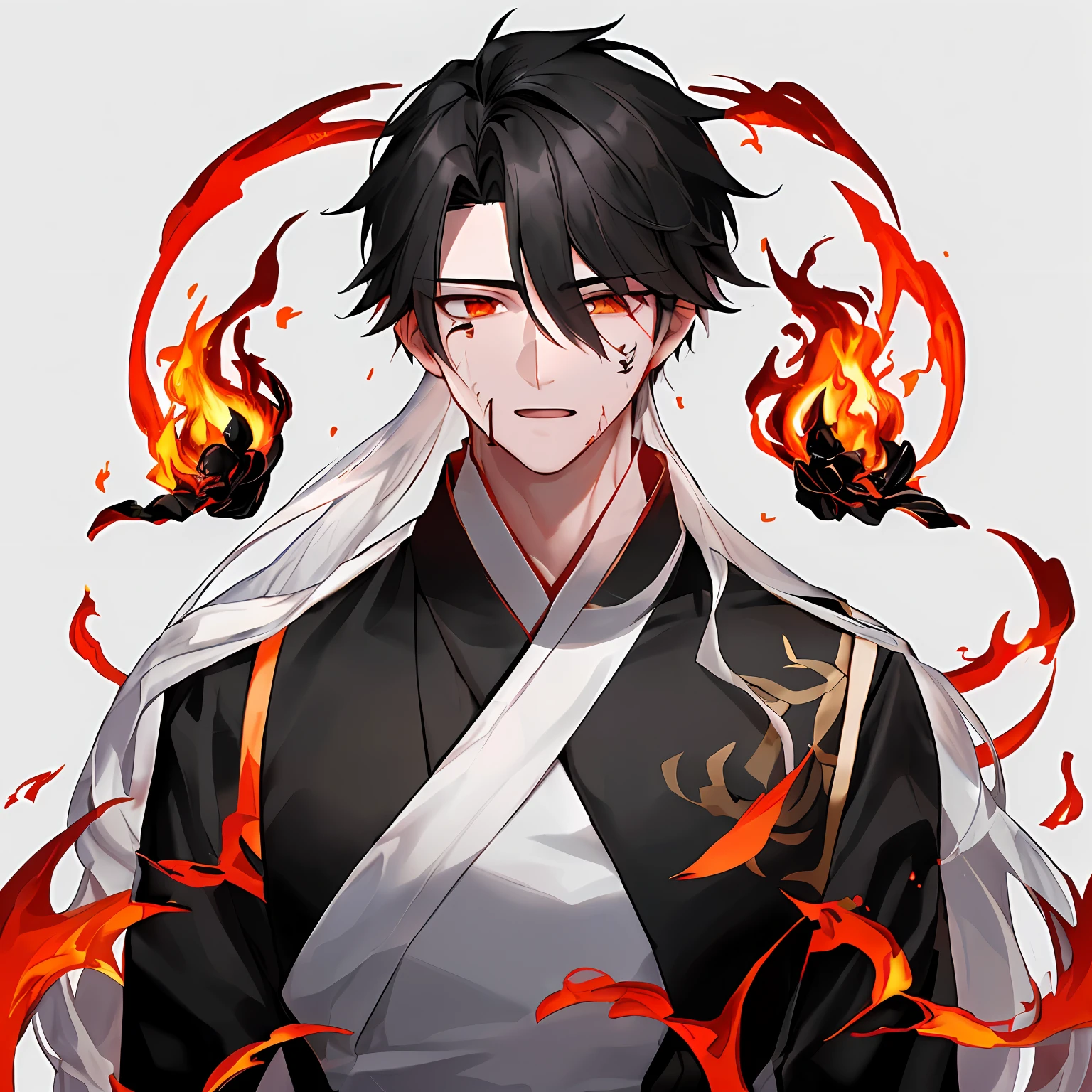 (1 person) (((1 boy))), (((aboy))). (((White Hanfu Youth)), (((Black Clothes))), (((Long White Hair))), Wang Qi, gorgeous, handsome, outstanding temperament, face full of pain, endless flames around him, (background: there are three transparent red figures in the celestial realm)
