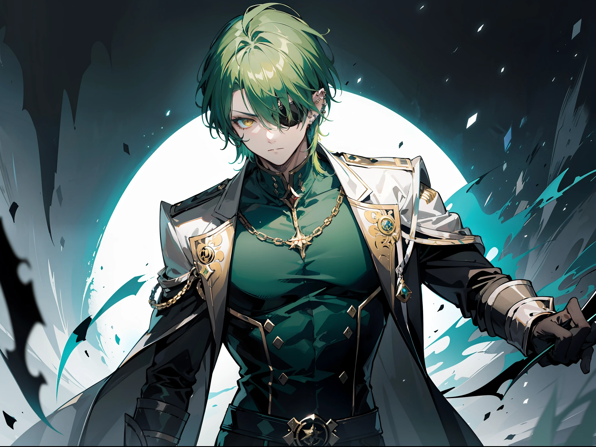 "Dark and epic atmosphere. Mature male with short and sharp green hair, piercing golden eyes, and an eyepatch. He exudes a formidable aura as the emperor."