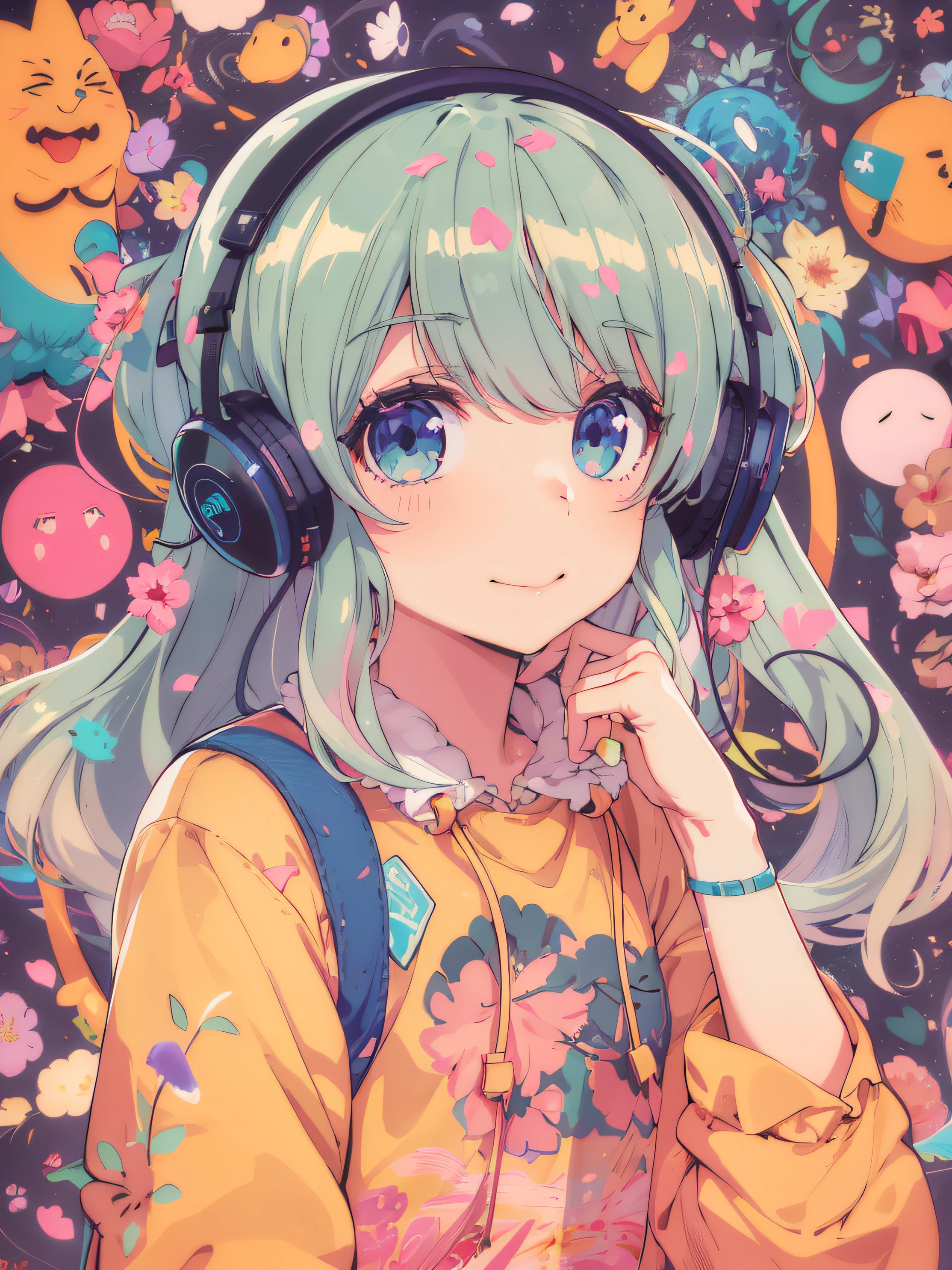 Menina anime com fones de ouvido e uma mochila na frente de um fundo de flores, estilo anime 4K, menina lofi, anime vibes, Anime Art Wallpaper 4K, estilo anime. 8k, Anime Art Wallpaper 4K, night core, Anime Art Wallpaper 8K, menina anime bonito, retrato da menina anime bonito, menina anime, Elogio Artstyle