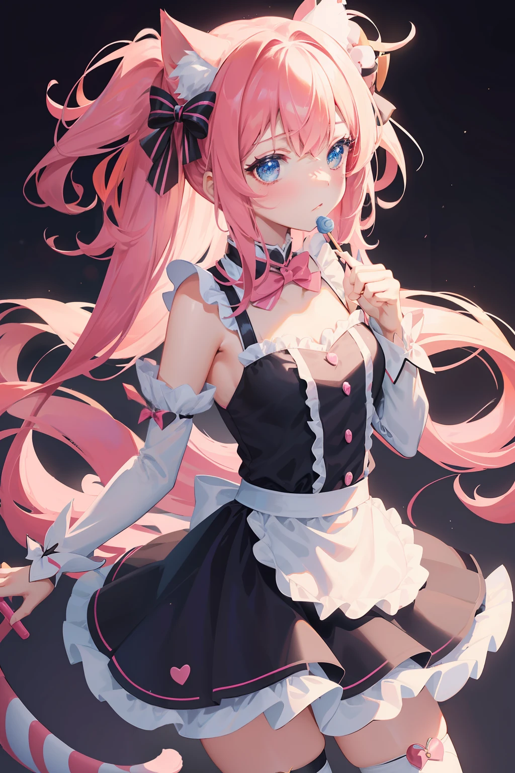 There was a woman in costume holding a candy cane, cosplay of a catboy! maid! dress, Black Magician Girl, black white pink, anime cat girl in a maid costume, style of magical girl, black white pastel pink, Anime girl cosplay, magical  girl, portrait of magical girl, Anime cosplay, black rococo, elegant glamourous cosplay, High quality clothing