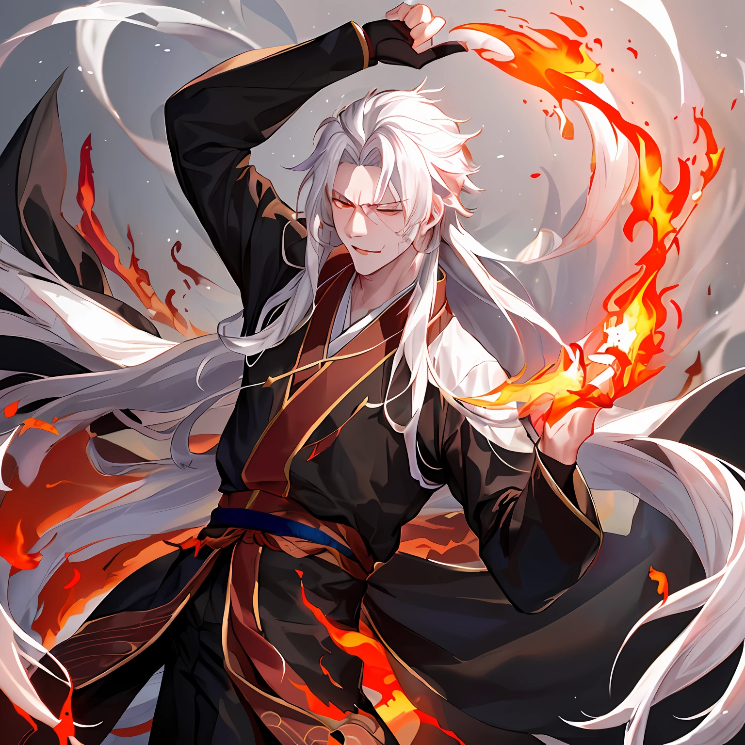 (1 person) (((1 boy))), (((aboy))). (((White Hanfu Youth)), (((Black Clothes))), (((Long White Hair))), Wang Qi, gorgeous, handsome, outstanding temperament, face full of pain, endless flames around him, (background: there are three transparent red figures in the celestial realm)