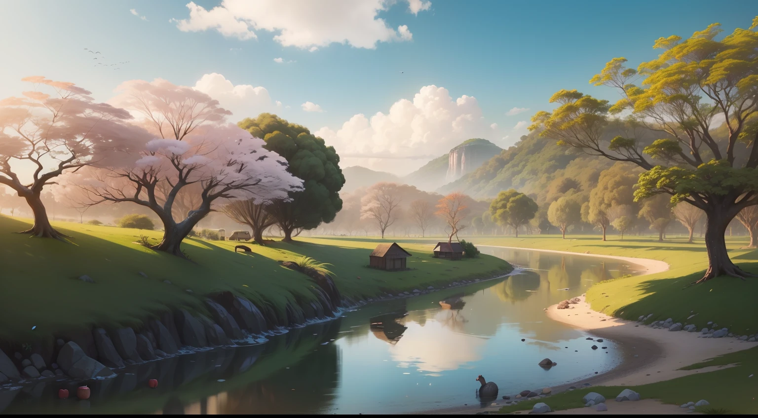 Uma bela paisagem com um rio e uma macieira perto deste rio, remova as arvores a esquerda do rio, Add apples to the tree to the right of the river