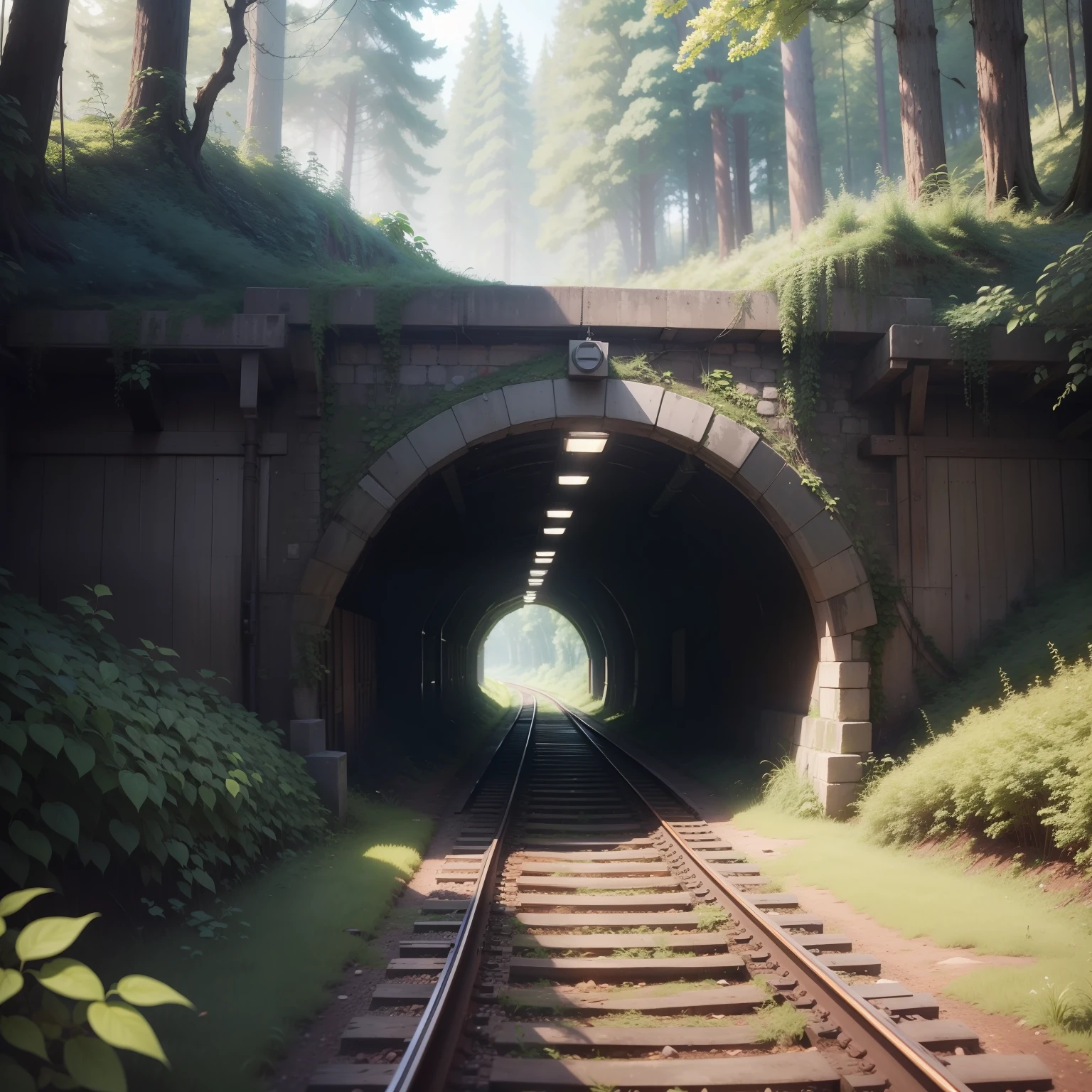 An old overgrown railway coming out of a tunnel surrounded by forest;, trees and shrubs. tmasterpiece, tmasterpiece, hiquality, beste-Qualit, realisti, unity, 8k wall paper, official arts, чрезвычайно детализированные обои CG unity 8k, ulzzang-6500, (original: 1.2), (realisti: 1.4), ultra detialed, hight resolution, ultradetailed, astounding, finely detail, 电影灯光