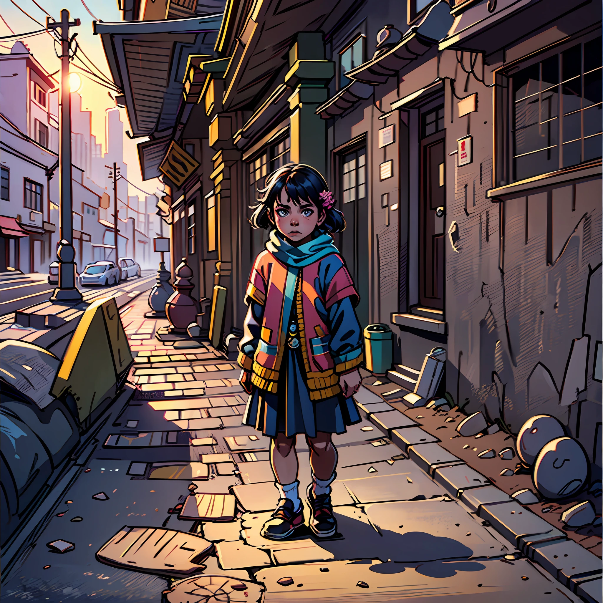 a poor kid in streets of lord shiva temple in kedarnath sunset time hyper realistic AI cartoon with dark toon --auto --s2
