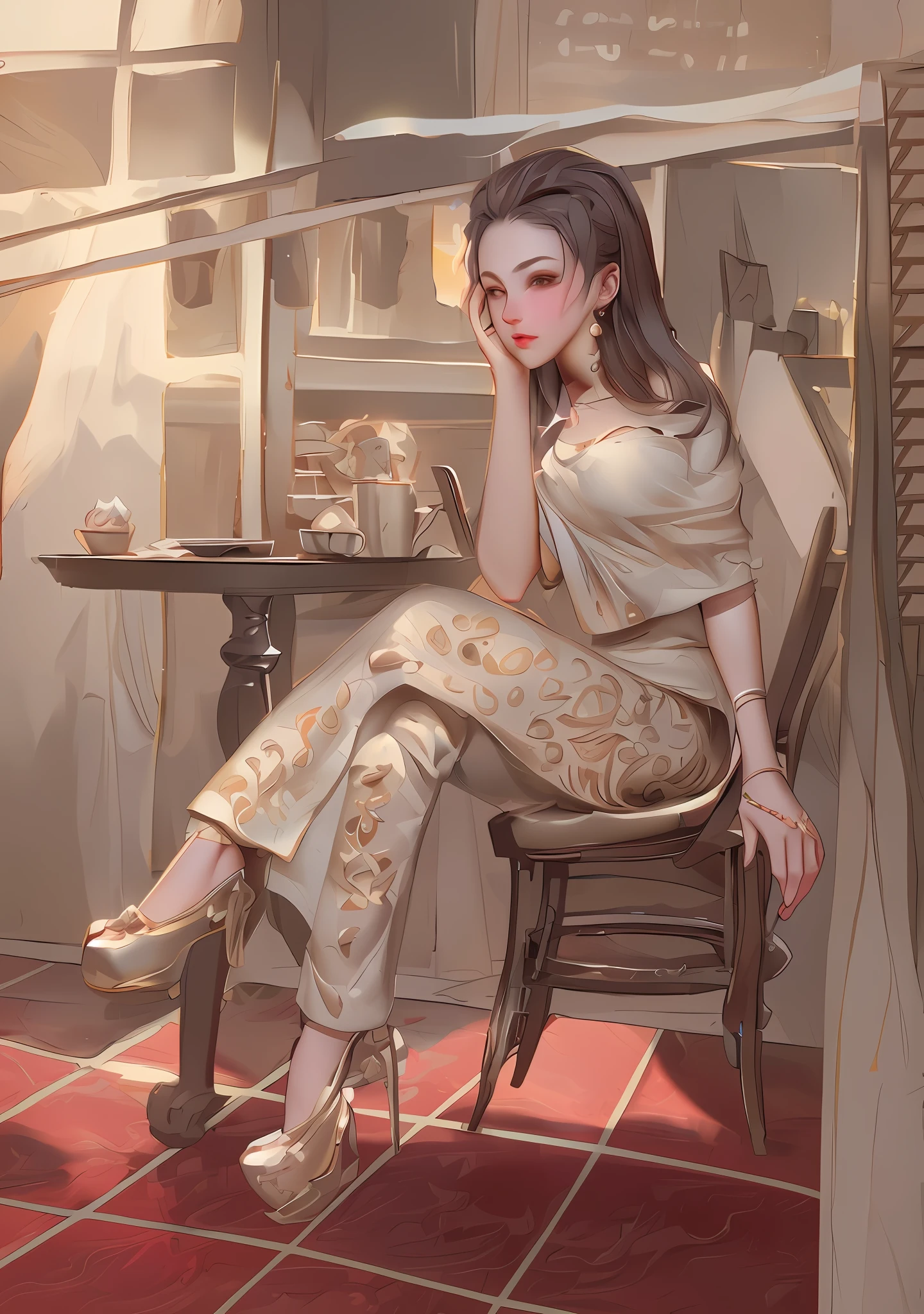 painting of a woman sitting in a chair in a cafe, in style of digital illustration, in style of digital painting, digital art of an elegant, style digital painting, stylized digital illustration, in the art style of bowater, style in digital painting, drawn with photoshop, digital illustration -, mysterious coffee shop girl, urban girl fanart, a beautiful artwork illustration,, beautiful line art, detailed manga style, extremely fine ink lineart,exquisite line art, perfect lineart,exquisite line art, exquisite digital illustration, detailed digital drawing,digital anime illustration, a beautiful artwork illustration, detailed matte fantasy portrait, beautiful line art, great digital art with details, goddess. extremely high detail, 4k detailed digital art, stunning digital illustration, digital fantasy illustration,((Best quality)), ((masterpiece)), (detailed:1.4), 3D, an image of a beautiful female,HDR (High Dynamic Range),Ray Tracing,NVIDIA RTX,Super-Resolution,Unreal 5,Subsurface scattering,PBR Texturing,Post-processing,Anisotropic Filtering,Depth-of-field,Maximum clarity and sharpness,Multi-layered textures,Albedo and Specular maps,Surface shading,Accurate simulation of light-material interaction,Perfect proportions,Octane Render, Two-tone lighting,Wide aperture,Low ISO,White balance,Rule of thirds,8K RAW,subsurface scattering, best ratio of four fingers and one thumb,