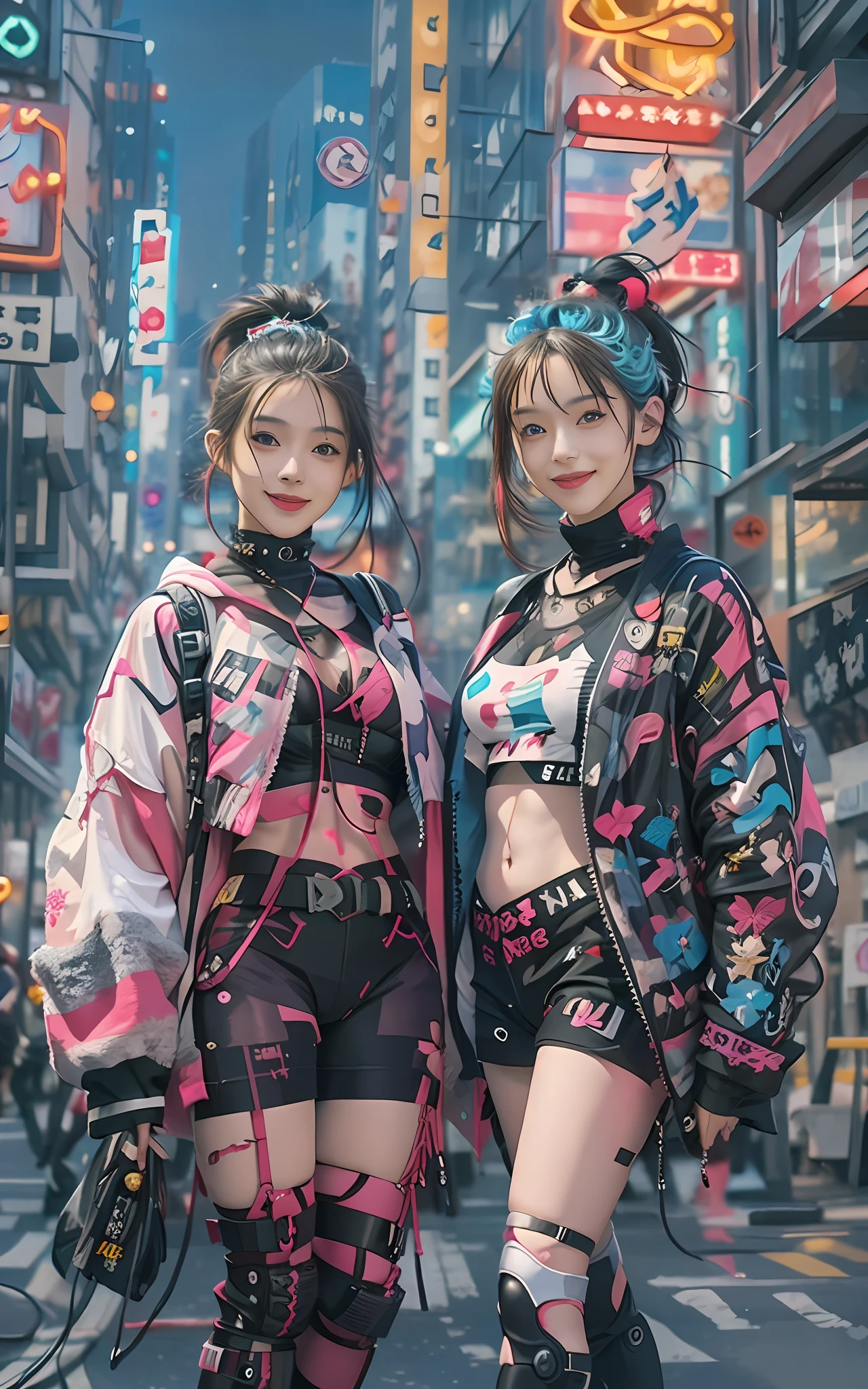 masterpiece, best quality, 2 ((smiling)) cyberpunk girls standing together, Harajuku-inspired cyberpunk body harness, bold colors and patterns, eye-catching accessories, trendy and innovative hairstyle, dazzling Cyberpunk cityscape, skyscrapers, neon signs, LED lights, bright and vivid color scheme, anime, illustration, detailed skin texture, detailed cloth texture, beautiful detailed face, intricate details, ultra detailed.