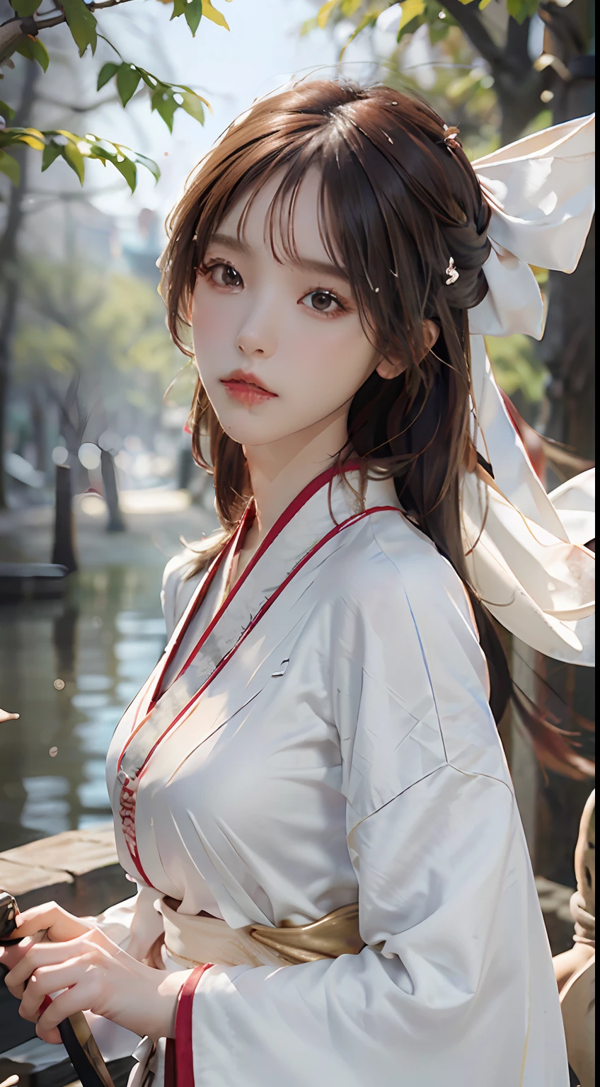 Close-up of a woman in a white dress holding a sword, (Portrait: 1.4), Portrait of Yang J, Pop of CGSOCIETY, Blindfolded with a Black Ribbon, Fantasy Art, Beautiful Figure Painting, Best Quality, Masterpiece, Ultra High Resolution, (Realisticity: 1.4), Original Photo, Portrait, (Half: 1.4), Ultra Wide Angle, Ancient Vitz style artwork, Guwiz, White Hanfu, flowing white robe, Full body martial arts, Epic exquisite character art, Amazing character art, Beautiful woman