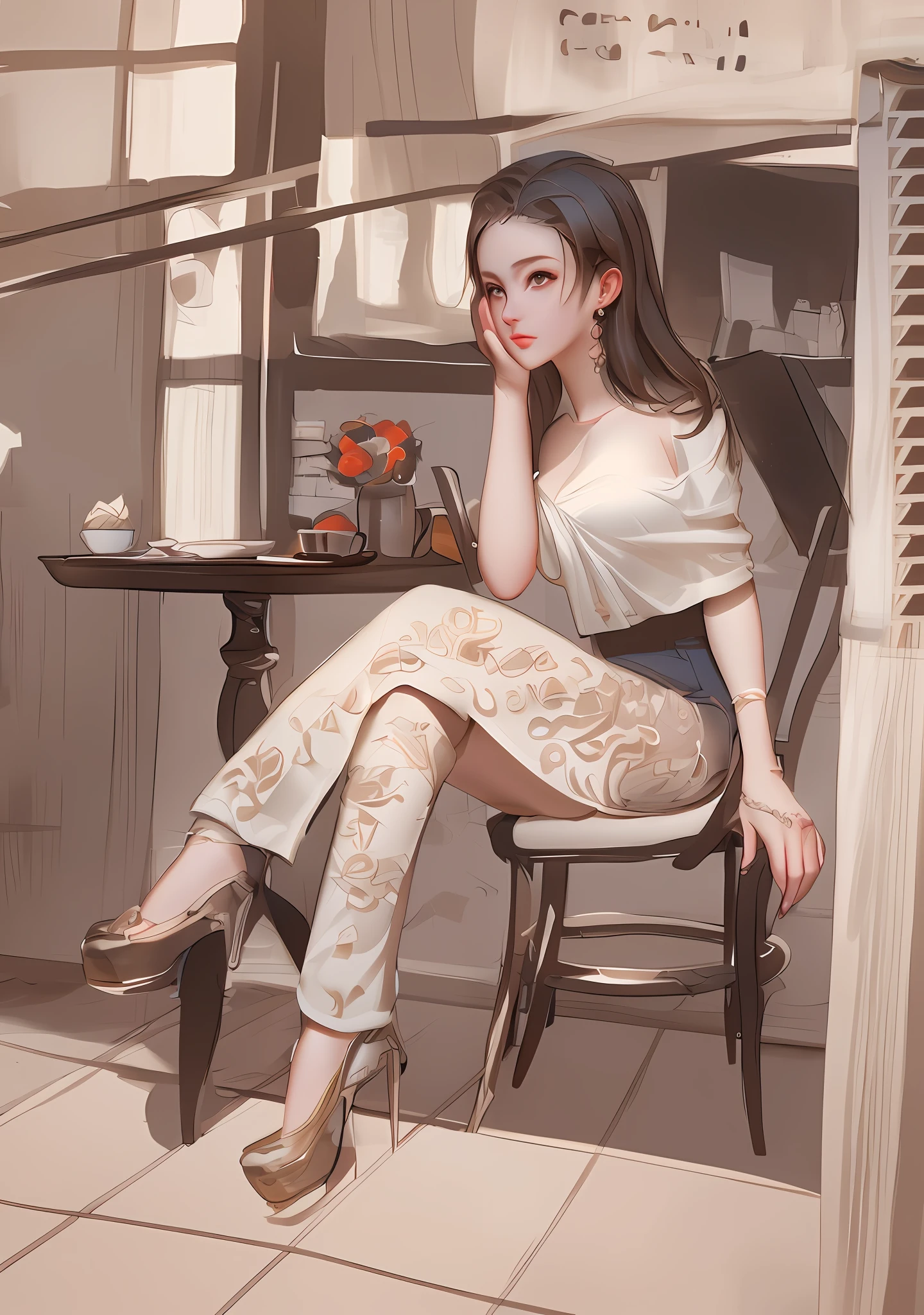 painting of a woman sitting in a chair in a cafe, in style of digital illustration, in style of digital painting, digital art of an elegant, style digital painting, stylized digital illustration, in the art style of bowater, style in digital painting, drawn with photoshop, digital illustration -, mysterious coffee shop girl, urban girl fanart, a beautiful artwork illustration,, beautiful line art, detailed manga style, extremely fine ink lineart,exquisite line art, perfect lineart,exquisite line art, exquisite digital illustration, detailed digital drawing,digital anime illustration, a beautiful artwork illustration, detailed matte fantasy portrait, beautiful line art, great digital art with details, goddess. extremely high detail, 4k detailed digital art, stunning digital illustration, digital fantasy illustration,((Best quality)), ((masterpiece)), (detailed:1.4), 3D, an image of a beautiful female,HDR (High Dynamic Range),Ray Tracing,NVIDIA RTX,Super-Resolution,Unreal 5,Subsurface scattering,PBR Texturing,Post-processing,Anisotropic Filtering,Depth-of-field,Maximum clarity and sharpness,Multi-layered textures,Albedo and Specular maps,Surface shading,Accurate simulation of light-material interaction,Perfect proportions,Octane Render, Two-tone lighting,Wide aperture,Low ISO,White balance,Rule of thirds,8K RAW,subsurface scattering, best ratio of four fingers and one thumb,