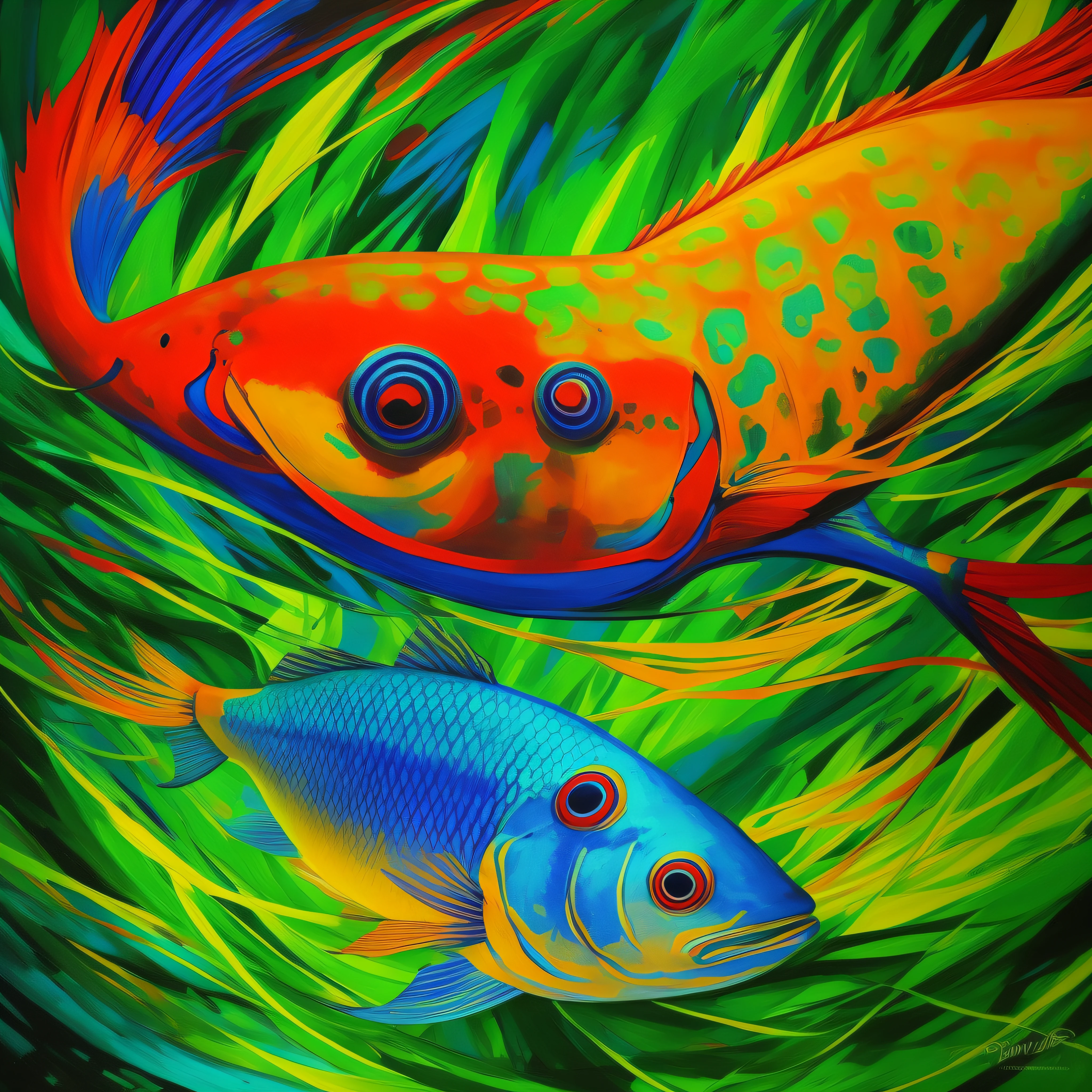 generate surrealist painting from an Amazonian fish, com olhos penetrantes, pirarucu, brilhante, psychedelic colours, Amazon Rainforest