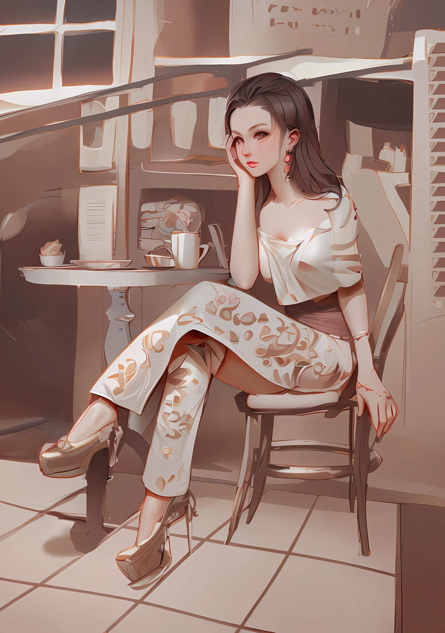 painting of a woman sitting in a chair in a cafe, in style of digital illustration, in style of digital painting, digital art of an elegant, style digital painting, stylized digital illustration, in the art style of bowater, style in digital painting, drawn with photoshop, digital illustration -, mysterious coffee shop girl, urban girl fanart, a beautiful artwork illustration,, beautiful line art, detailed manga style, extremely fine ink lineart,exquisite line art, perfect lineart,exquisite line art, exquisite digital illustration, detailed digital drawing,digital anime illustration, a beautiful artwork illustration, detailed matte fantasy portrait, beautiful line art, great digital art with details, goddess. extremely high detail, 4k detailed digital art, stunning digital illustration, digital fantasy illustration,((Best quality)), ((masterpiece)), (detailed:1.4), 3D, an image of a beautiful female,HDR (High Dynamic Range),Ray Tracing,NVIDIA RTX,Super-Resolution,Unreal 5,Subsurface scattering,PBR Texturing,Post-processing,Anisotropic Filtering,Depth-of-field,Maximum clarity and sharpness,Multi-layered textures,Albedo and Specular maps,Surface shading,Accurate simulation of light-material interaction,Perfect proportions,Octane Render, Two-tone lighting,Wide aperture,Low ISO,White balance,Rule of thirds,8K RAW,subsurface scattering, best ratio of four fingers and one thumb,