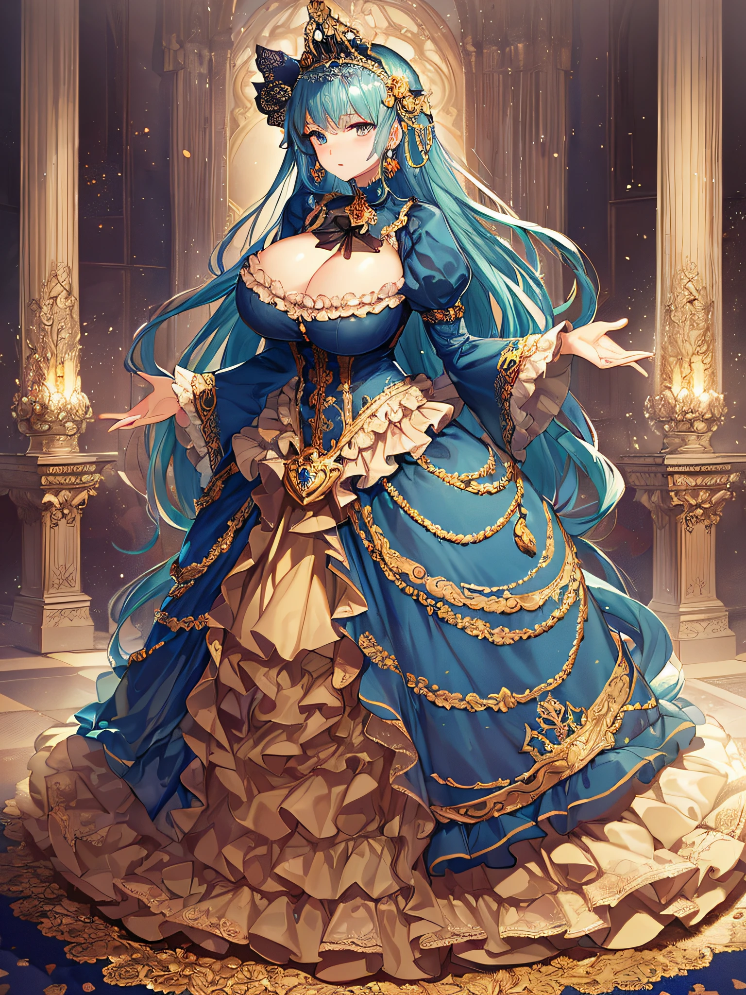 ((anime artstyle)),(Masterpiece),(Best Quality), (Super Detail),((Very Delicate and Beautiful)),((Solo)),((full body)),((1 princess in gorgeousfull victorian dress)),many ruffles,detailed face and eyes,jewel-like eyes,((voluminous Very Long Straight Hair)),((gorgeousfull embroidery and lace)),gorgeous corsage,See-through,gorgeousfull hair ornament,gorgeousfull glitter jeweled tiara,ornate ruffles,((gigantic breasts,Long breasts)),skindentation,((full body)),((hoop skirt,crinoline)),standing pose,Dynamic Angle,Looking at viewer,royal victorian palace,(((gorgeous embroidery gorgeousfull victorian dress)),full body