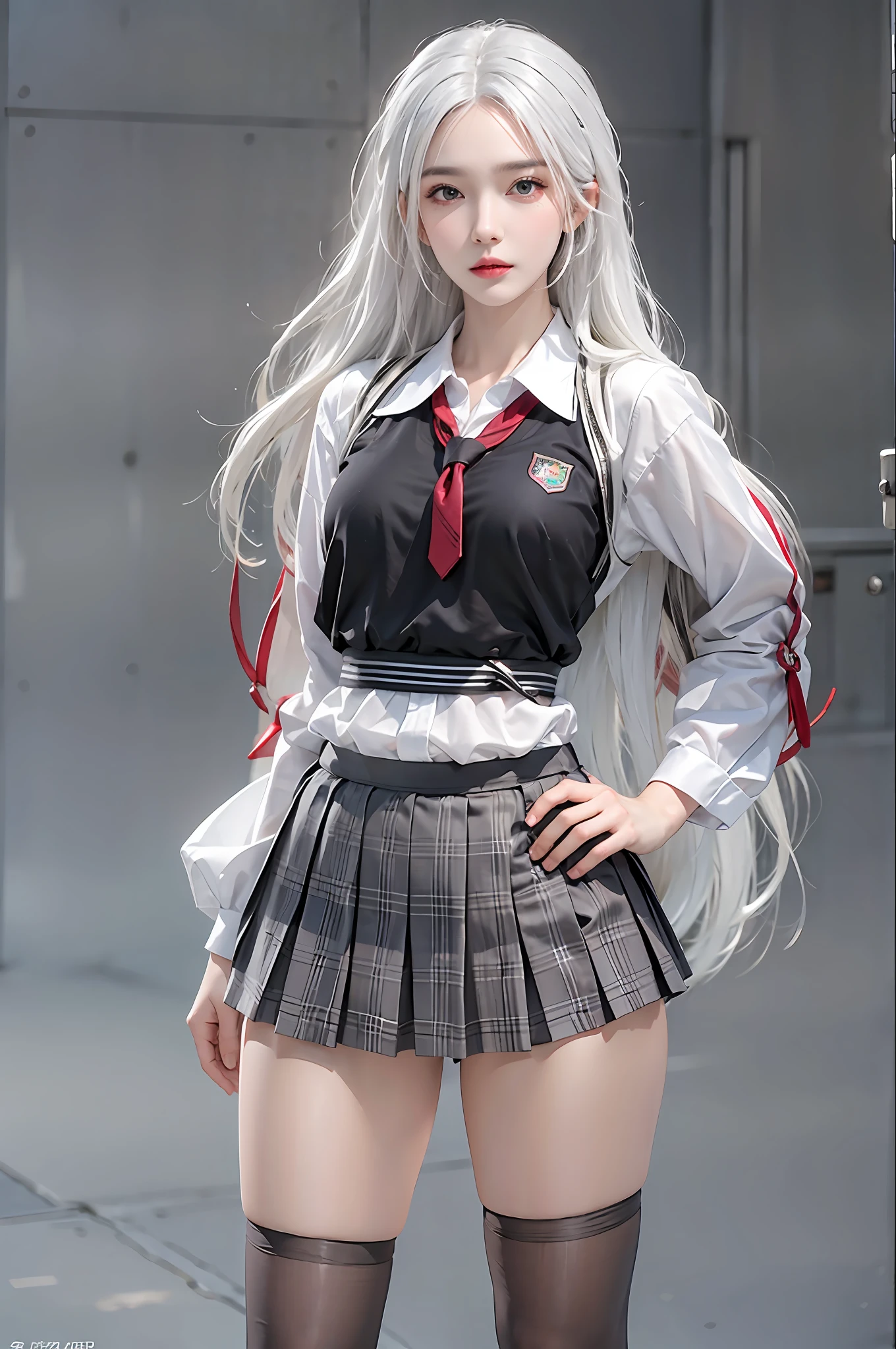 photorealistic, high resolution, 1 women, solo, hips up, look at viewer, (detailed face), white hair, long hair, school uniform, skirt