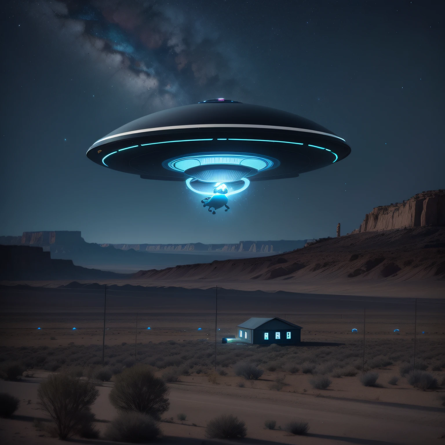 uma imagem realista de uma vaca preta e branca, levitating towards a flying saucer with a soft blue light, at night, in area 51, Nevada, Estados Unidos^)