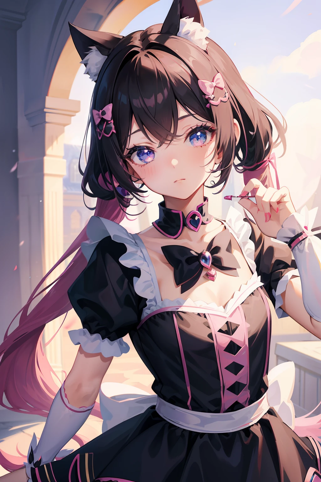 There was a woman in costume holding a candy cane, cosplay of a catboy! maid! dress, Black Magician Girl, black white pink, anime cat girl in a maid costume, style of magical girl, black white pastel pink, Anime girl cosplay, magical little girl, portrait of magical girl, Anime cosplay, black rococo, elegant glamourous cosplay, High quality clothing
