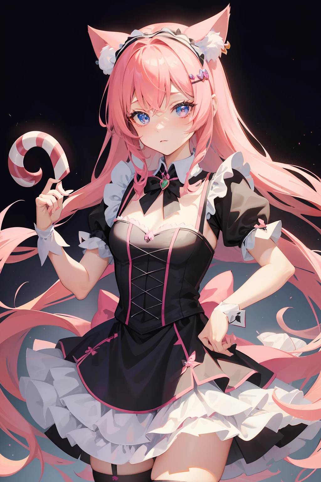 There was a woman in costume holding a candy cane, cosplay of a catboy! maid! dress, Black Magician Girl, black white pink, anime cat girl in a maid costume, style of magical girl, black white pastel pink, Anime girl cosplay, magical little girl, portrait of magical girl, Anime cosplay, black rococo, elegant glamourous cosplay, High quality clothing