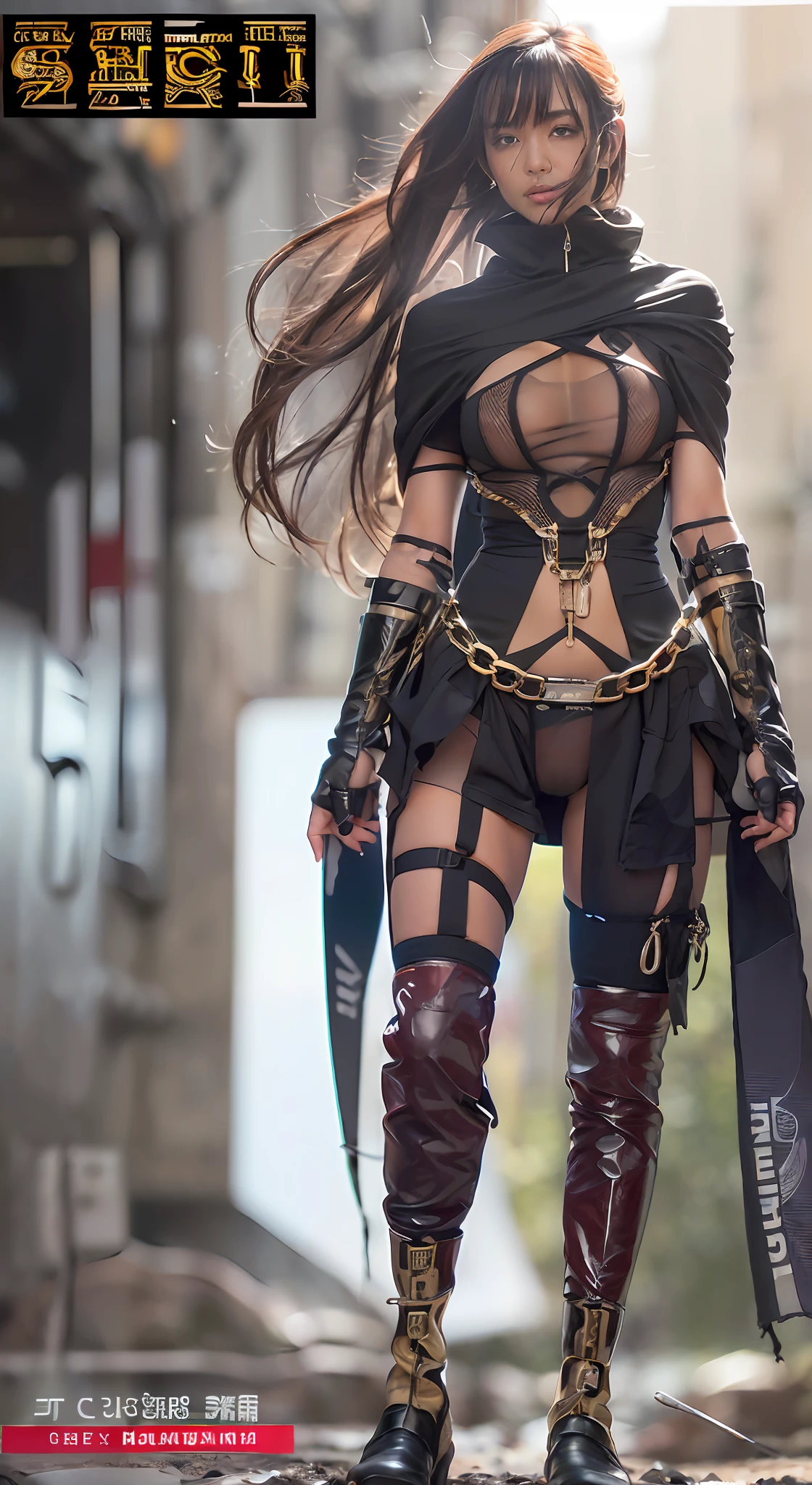 - [ ] fully body photo,photo,Sharpness,unique 850 4, Koda850 k portrait camera, F1.6 lens,ultra-realistic textures,spectacular light textures, Cinestil 800 fashion mechanics, appearance、Beautiful girl with accentuated slender abs: 1.4,Six Pack Abs: 1.4, Bust Botox,standing on tiptoe, long legs、Brown hair fluttering in the wind、brown hair, long hair, Female Warrior Costume、((wearing a torn sheer costume of a superheroine)),(no panties, no bra)),sweating,wet,wet crotch,wet thighs,(futuristic sci-fi battle fashion,elbow and knee cyberpad, cyberglove: 1.1), ((torn costume)), The belly comes out and the navel is visible、Thin sheer costume、The lower chest area is torn、shredded costumes, broken golden shields and battle spears,cyber long combat boots with golden knee pads, golden shoulder armor and combat gloves, anatomical, (futuristic sci-fi battle fashion, cracked elbow and knee cyberpads, torn cyberlong boots, torn cybergloves: 1.1), ((the tip is protruding, the areola protrudes, the shape of the pubic area is clearly visible)),agony、(((tears flow, cry with pain)),Vast prison、((wide prison with sunlight)),dark fantasy, peeling of the ceiling, broken slabs, rebar between cracks, realistic material details, extreme details, ultra-realistic materials, broken walls,bloods、junkyard, blood splattered on the face, blood splattered, realistic, (bruises, dirty, ripped clothes, skimpy clothes, blood: 1.3), torn cloak, Torn pantyhose, srestrained, ((straddling the iron bar)),(tied perfectly by chain), restraint, slave, collars, contempt, (chained), ((chains digging into the crotch)), hands tied behind the back, invisible hands, ((4 chains hung from heaven)), metallic shackles and fetters, wet crotch clearly visible, ((iron pipe into the crotch)), ((Both wrists are restrained above the head)), ((The left leg tied at the knee is suspended)),Both hands, legs and neck are connected by five chains、Chain from left knee to heaven、(((A metal rod sticking out of the crotch is stuck in the
