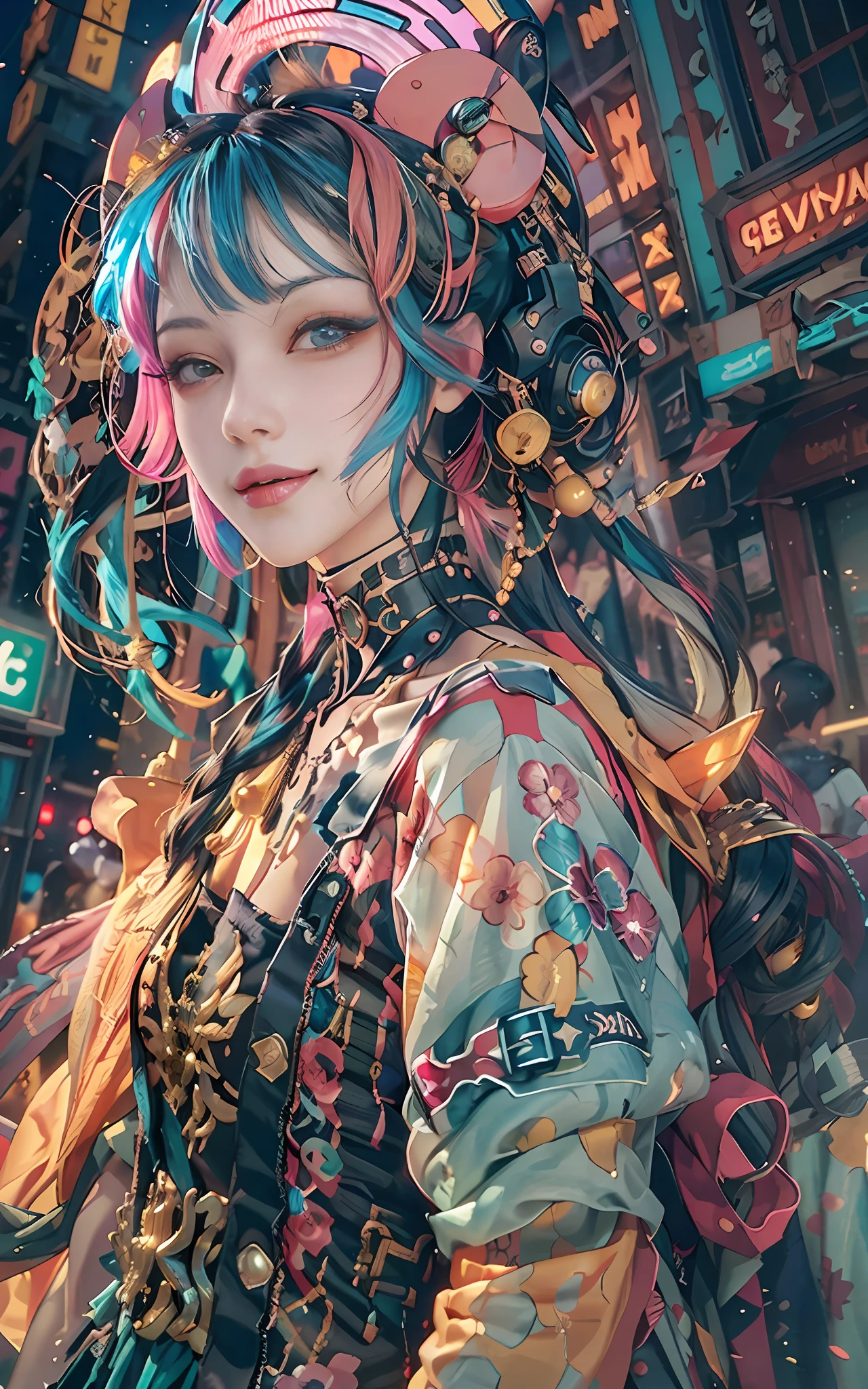 masterpiece, best quality, 2 ((smiling)) cyberpunk girls standing together, Harajuku-inspired cyberpunk body harness, bold colors and patterns, eye-catching accessories, trendy and innovative hairstyle, dazzling Cyberpunk cityscape, skyscrapers, neon signs, LED lights, bright and vivid color scheme, anime, illustration, detailed skin texture, detailed cloth texture, beautiful detailed face, intricate details, ultra detailed.