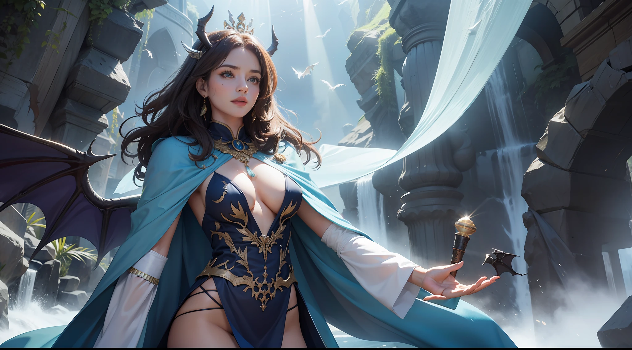 （8K，RAW photos，best qualtiy，tmasterpiece：1.2），ultra - detailed，offcial art，photo-realistic：1.37，upperbody shots，Confident and mature woman，Dragon's horn，Bat wings，Large breasts，magnificent robe，complex patterns，magia，borgar，Natural hair，filmgrain，actionpose，rays of sunshine