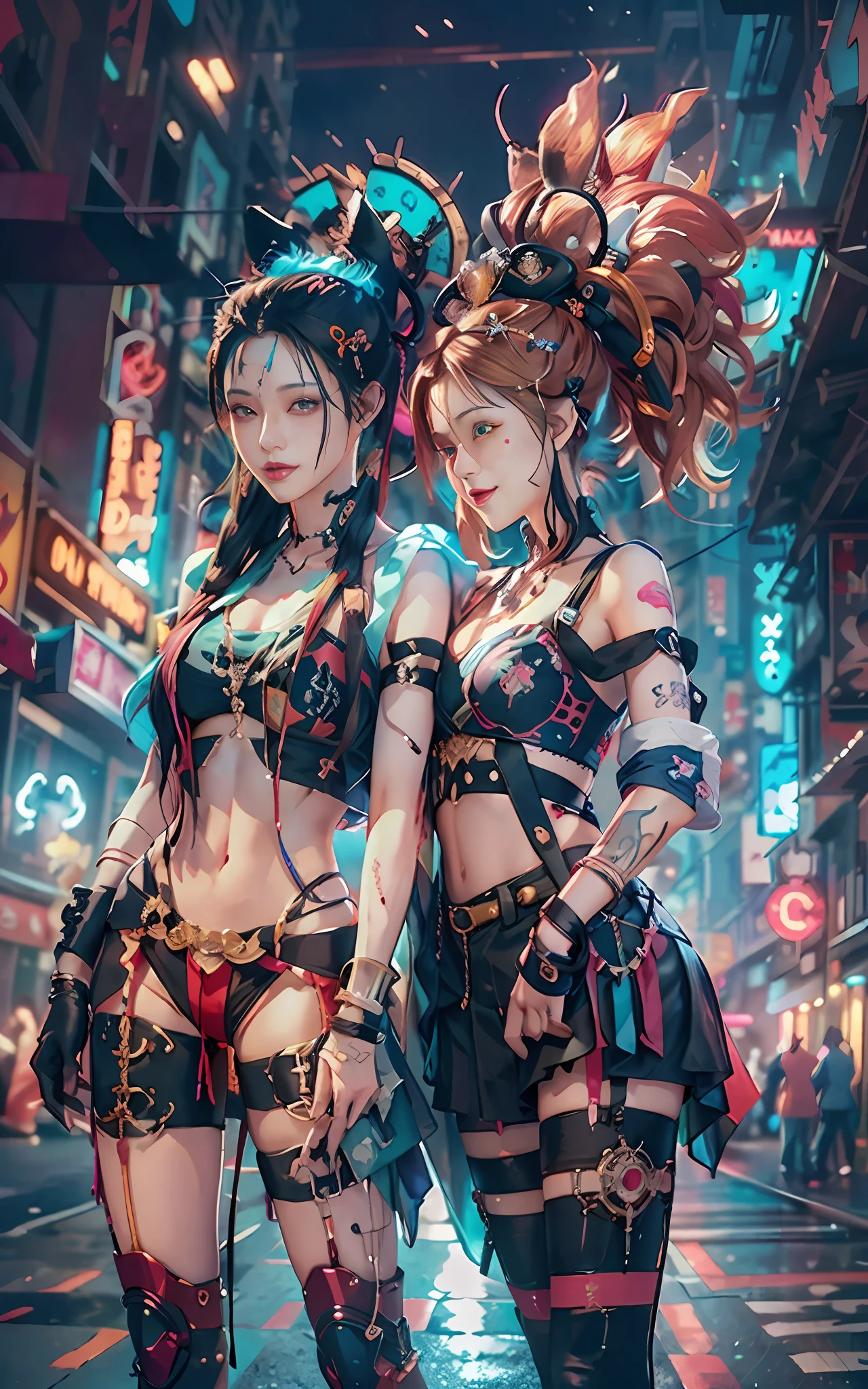 masterpiece, best quality, 2 ((smiling)) cyberpunk girls standing together, Harajuku-inspired cyberpunk body harness, bold colors and patterns, eye-catching accessories, trendy and innovative hairstyle, dazzling Cyberpunk cityscape, skyscrapers, neon signs, LED lights, bright and vivid color scheme, anime, illustration, detailed skin texture, detailed cloth texture, beautiful detailed face, intricate details, ultra detailed.