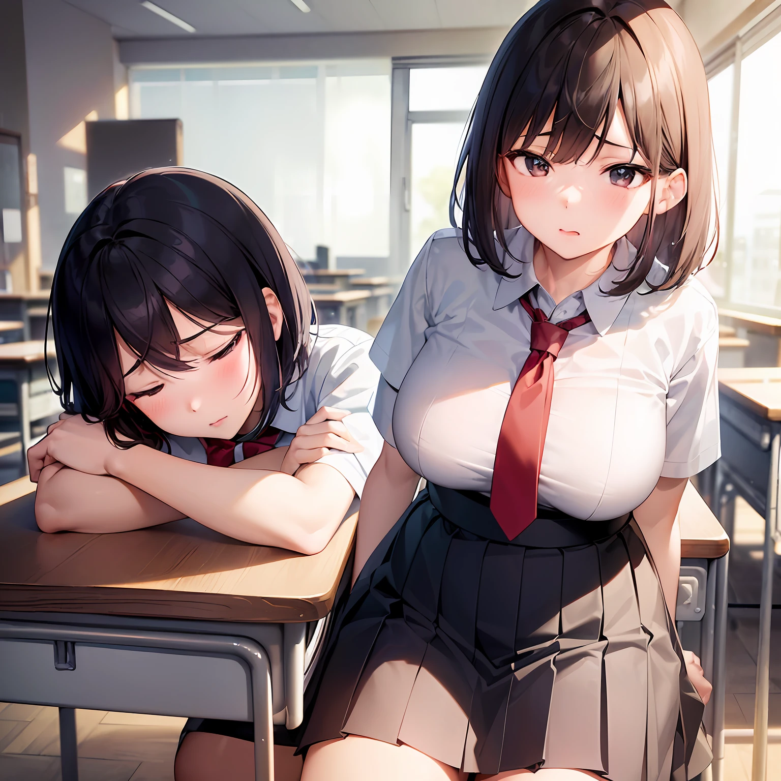 4K, 15yo student, japanes, teens girl, a junior high school student, ‎Classroom, desk work, Sit up, (((dozing))), Short bob hair, White shirt with dark red tie, Checked pleated skirt, Pencil, Colossal tits, (((Face down on the desk))), droolng