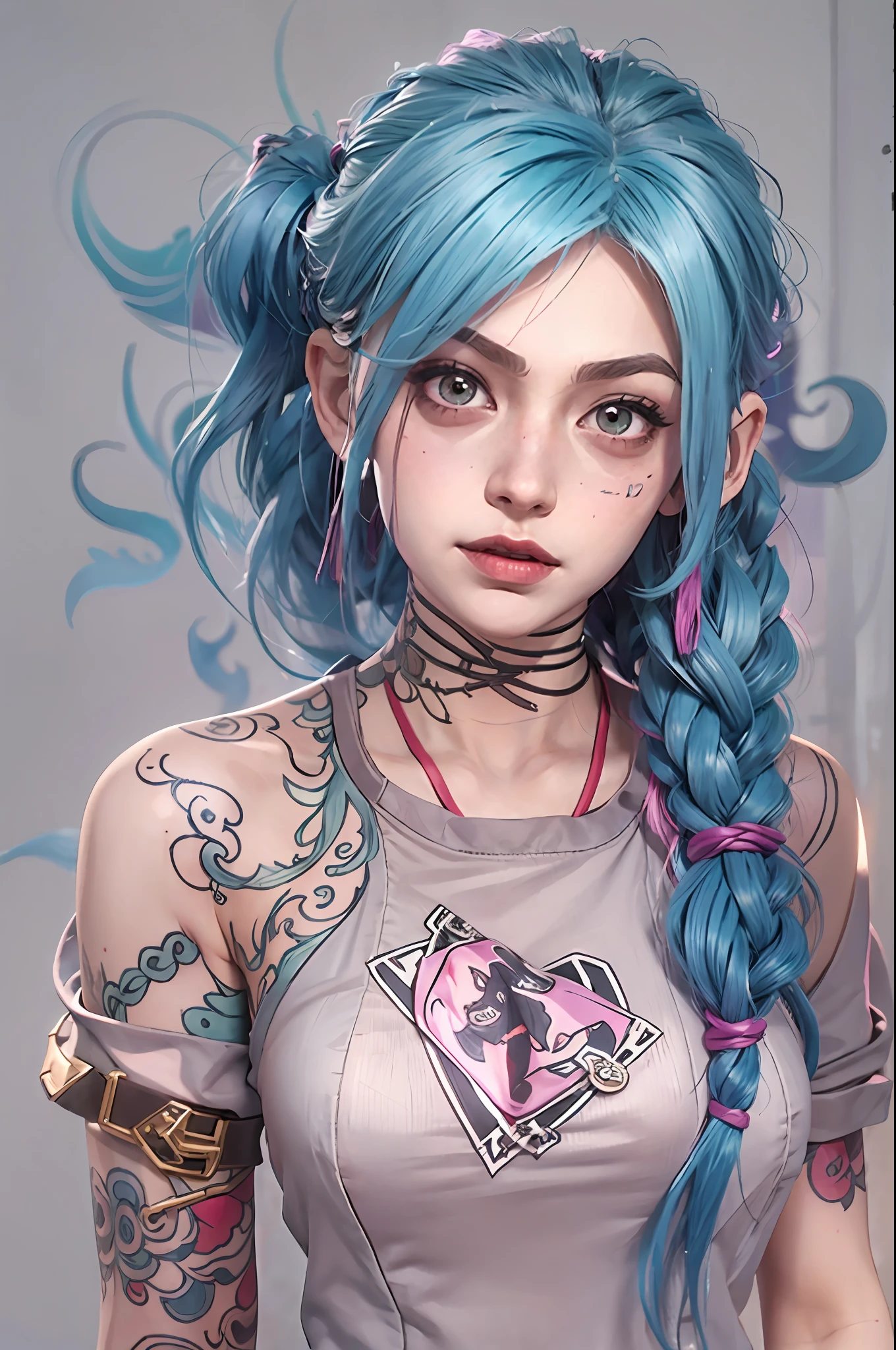 Arcane style,1girll,Arm tattoos,asymmetricalbangs,By bangs,blue hairs,pigtails,brown shirt,cloud tattoo,looking at viewert,laughingly,frenzied,Uncontrollable laughter,Crazy look,the night,城市,Green hair,long whitr hair,Mid-abdomen,a pink eyes,lips in red,The shirt,独奏,standing on your feet,Tattooed with,Double up braid,The upper part of the body,arcane bad luck,Jinx(league of legend\)