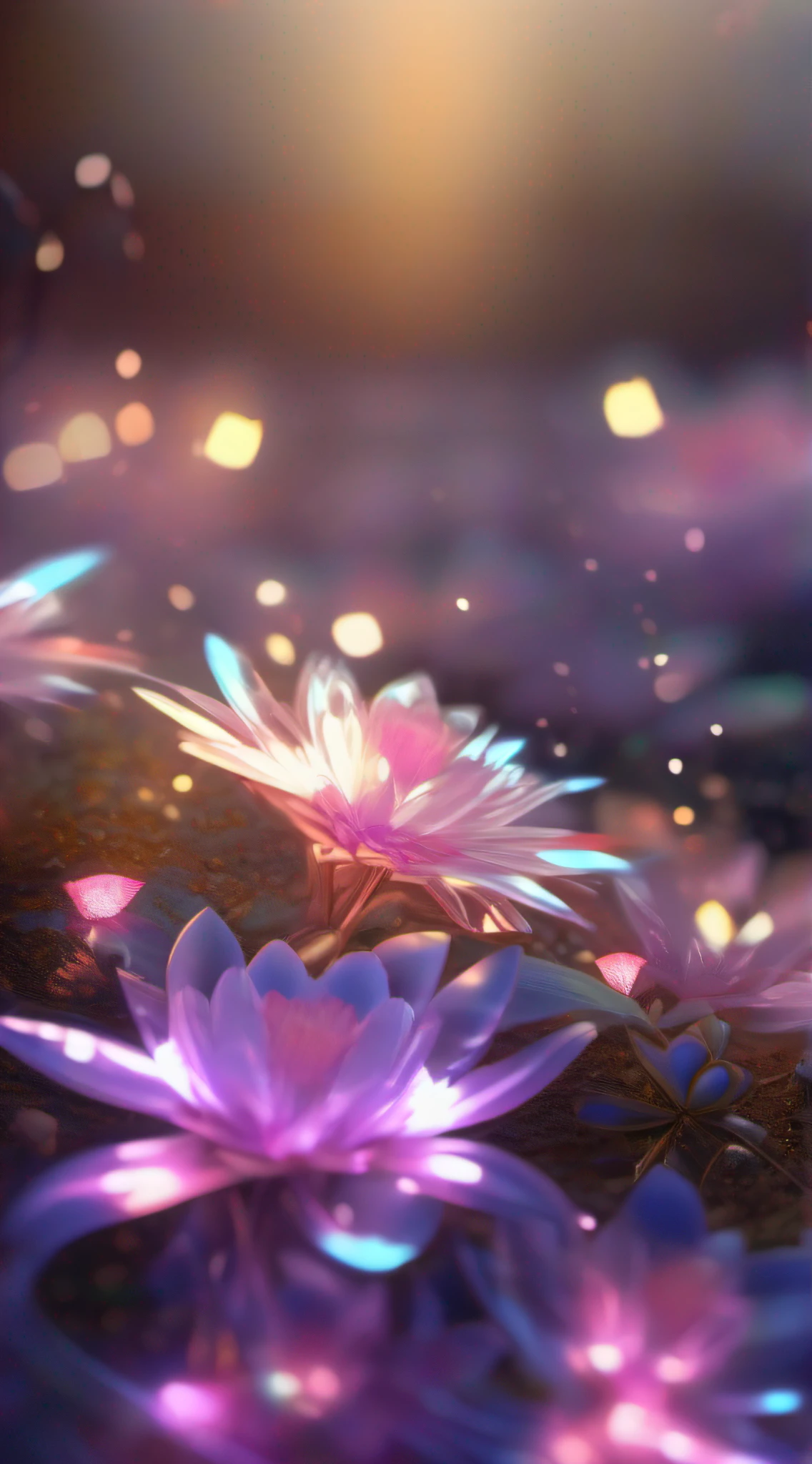 There is a flower on the ground,There are crystals, glowing delicate flower, beautiful flowers and crystals, Magical flowers, Luminous flowers, sparkling petals, magical colorful flowers, light bloom, reflecting flower, beautiful flowers, surreal waiizi flowers, Glowing flowers, Beautiful art UHD 4 K, beautiful composition 3 - d 4 k, with bloom ethereal effects