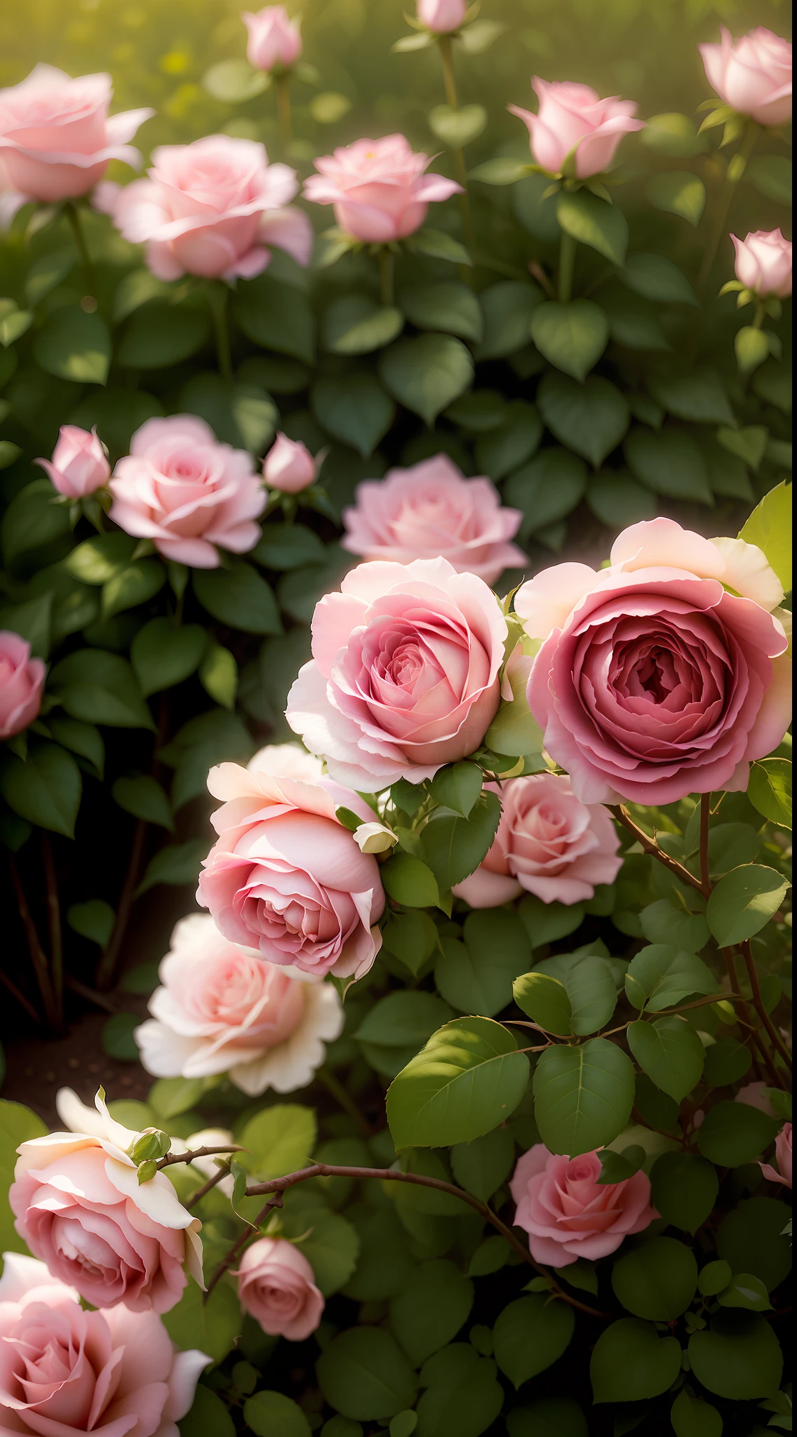 Many pink roses grow in the leafy garden, rose twining, pink rosa, Rose garden, rosa bonheurn, rosette, Rozen Maiden, Pink flowers, rose-brambles, Pink rose, rosses, a few roses, roses in cinematic light, in a cottagecore flower garden, Rose, cottagecore flower garden