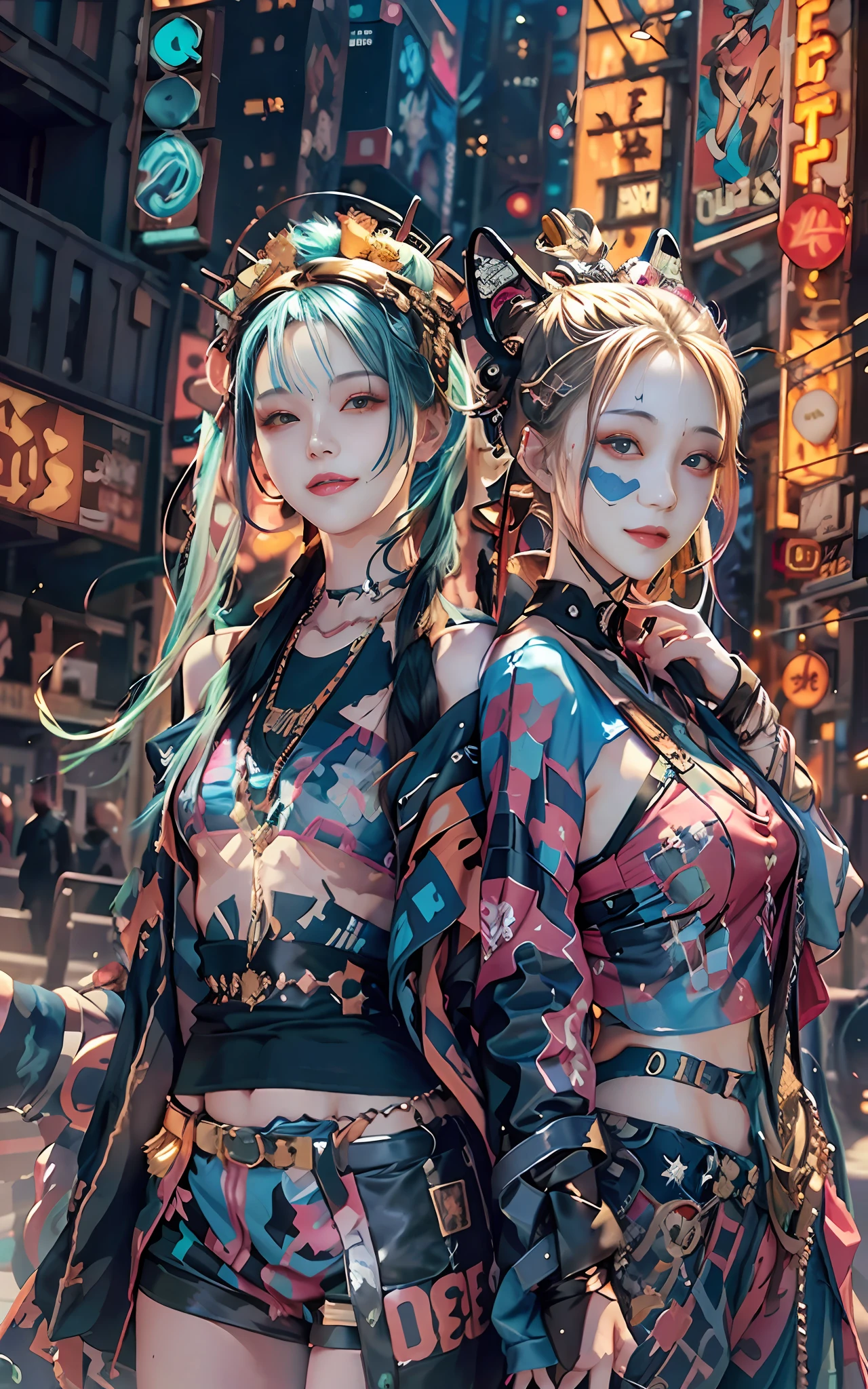 masterpiece, best quality, 2 ((smiling)) cyberpunk girls standing together, Harajuku-inspired cyberpunk body harness, bold colors and patterns, eye-catching accessories, trendy and innovative hairstyle, dazzling Cyberpunk cityscape, skyscrapers, neon signs, LED lights, bright and vivid color scheme, anime, illustration, detailed skin texture, detailed cloth texture, beautiful detailed face, intricate details, ultra detailed.