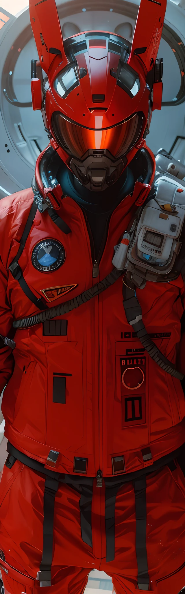 In front of the satellite stood a man in a red spacesuit, wojtek fus, sci - fi details, science fiction suit, intense sci-fi details, Ultra detail. Digital painting, science fiction suit, Tech flight suits, Advanced technology flight suit, craig mullins style, detailed sci-fi art, futuristic spacesuit, Sci-fi spacesuit