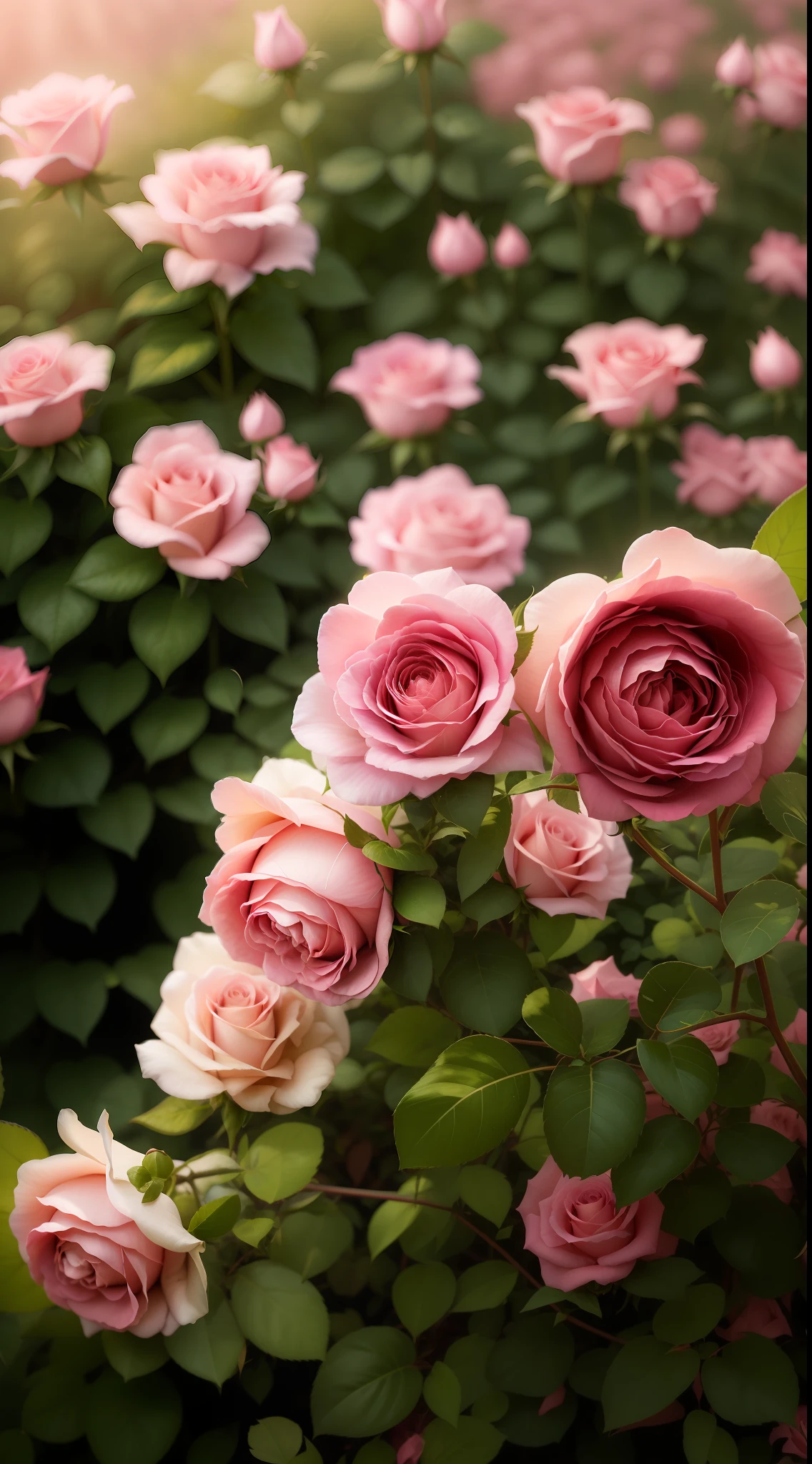 Many pink roses grow in the leafy garden, rose twining, pink rosa, Rose garden, rosa bonheurn, rosette, Rozen Maiden, Pink flowers, rose-brambles, Pink rose, rosses, a few roses, roses in cinematic light, in a cottagecore flower garden, Rose, cottagecore flower garden