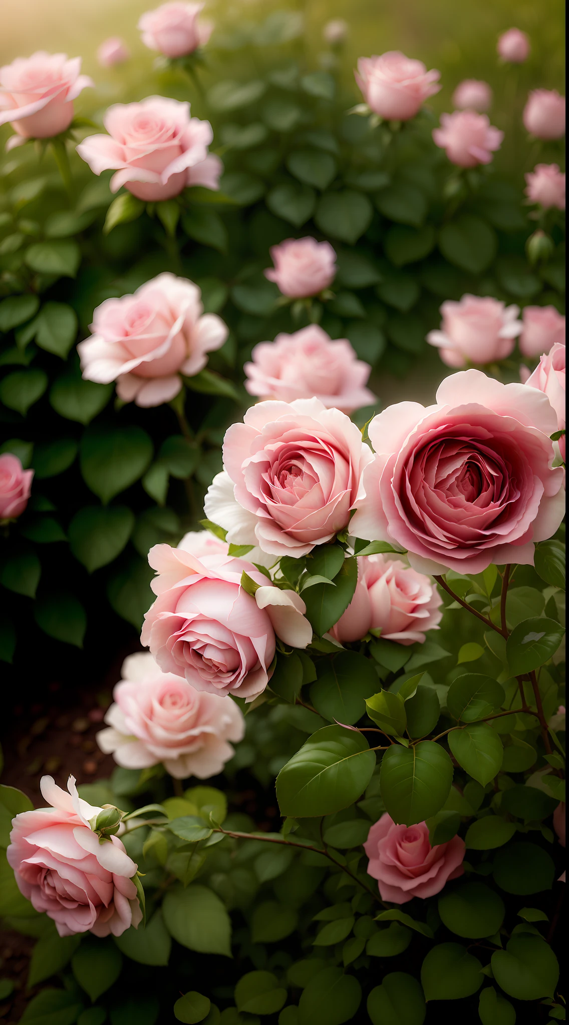 Many pink roses grow in the leafy garden, rose twining, pink rosa, Rose garden, rosa bonheurn, rosette, Rozen Maiden, Pink flowers, rose-brambles, Pink rose, rosses, a few roses, roses in cinematic light, in a cottagecore flower garden, Rose, cottagecore flower garden