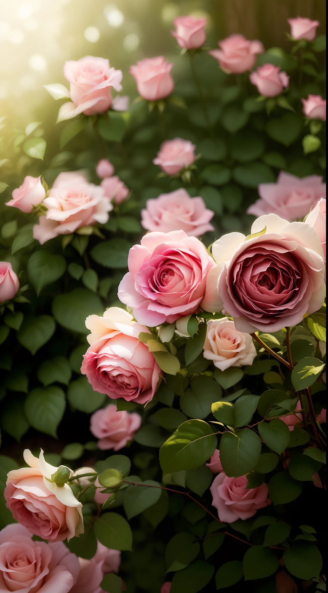 There are many pink roses that are growing in the bushes - SeaArt AI