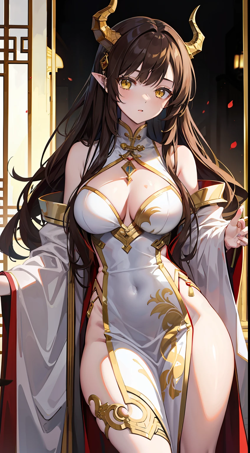 Tall girl, Long brown hair, dragon horns, Yellow eyes, white chinese dress, Gold inserts, open thighs, neckline on the chest, Masterpiece, hiquality