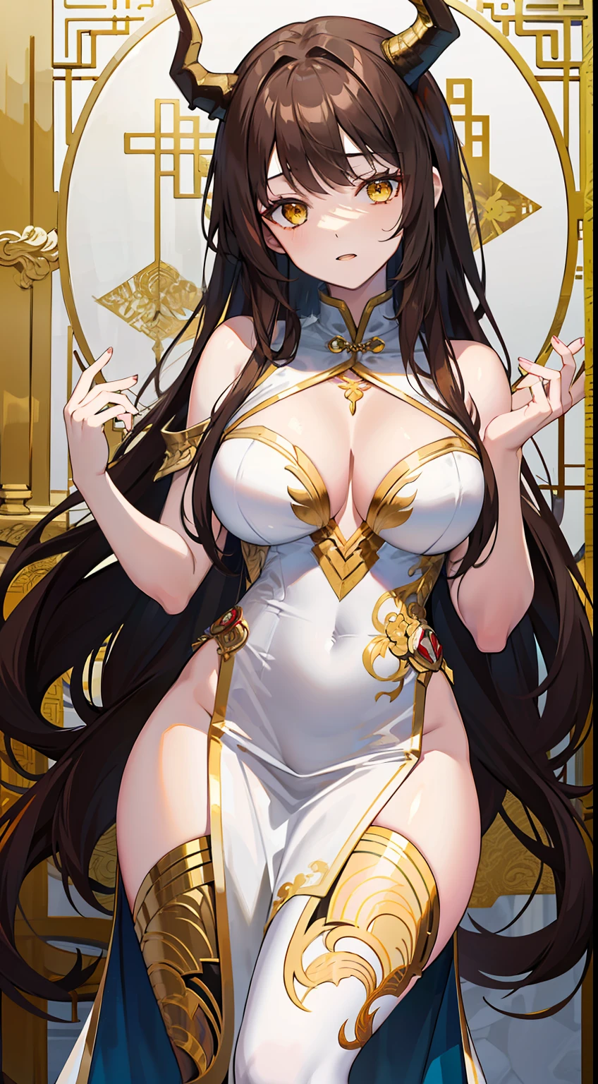 Tall girl, Long brown hair, dragon horns, Yellow eyes, white chinese dress, Gold inserts, open thighs, neckline on the chest, Masterpiece, hiquality
