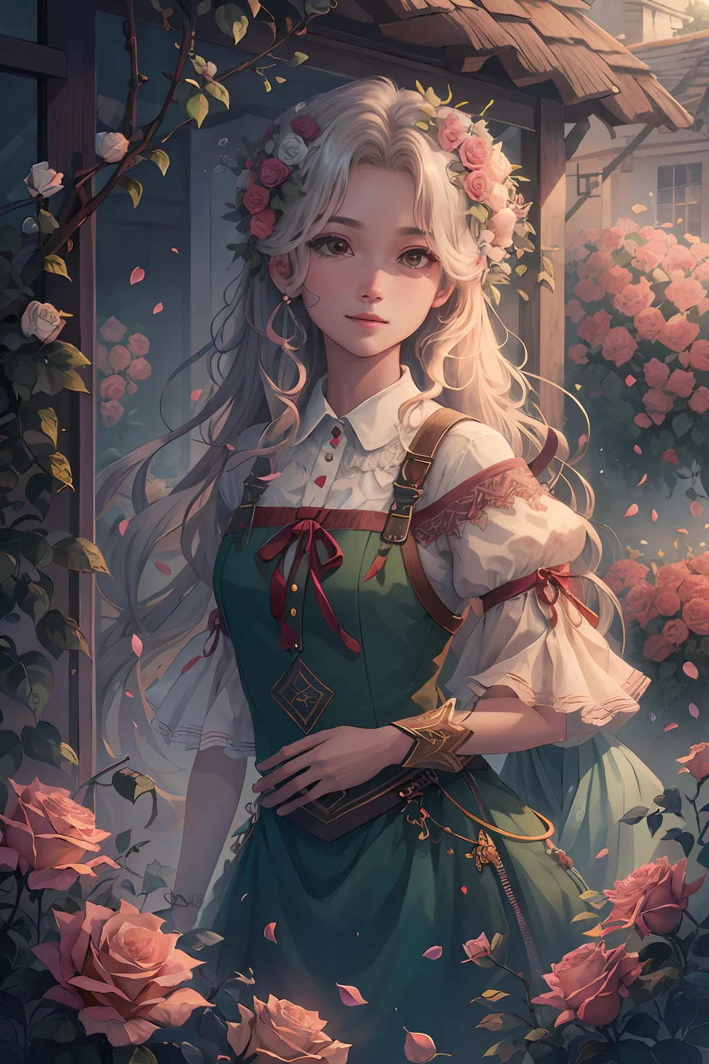 Original,(illustratio:1.1),(best qualtiy),(tmasterpiece:1.1),(the Extremely Detailed CG Unity 8K Wallpapers),(a color:1.2),Rose bushes,rose petals,scenecy,rios|Wagas,