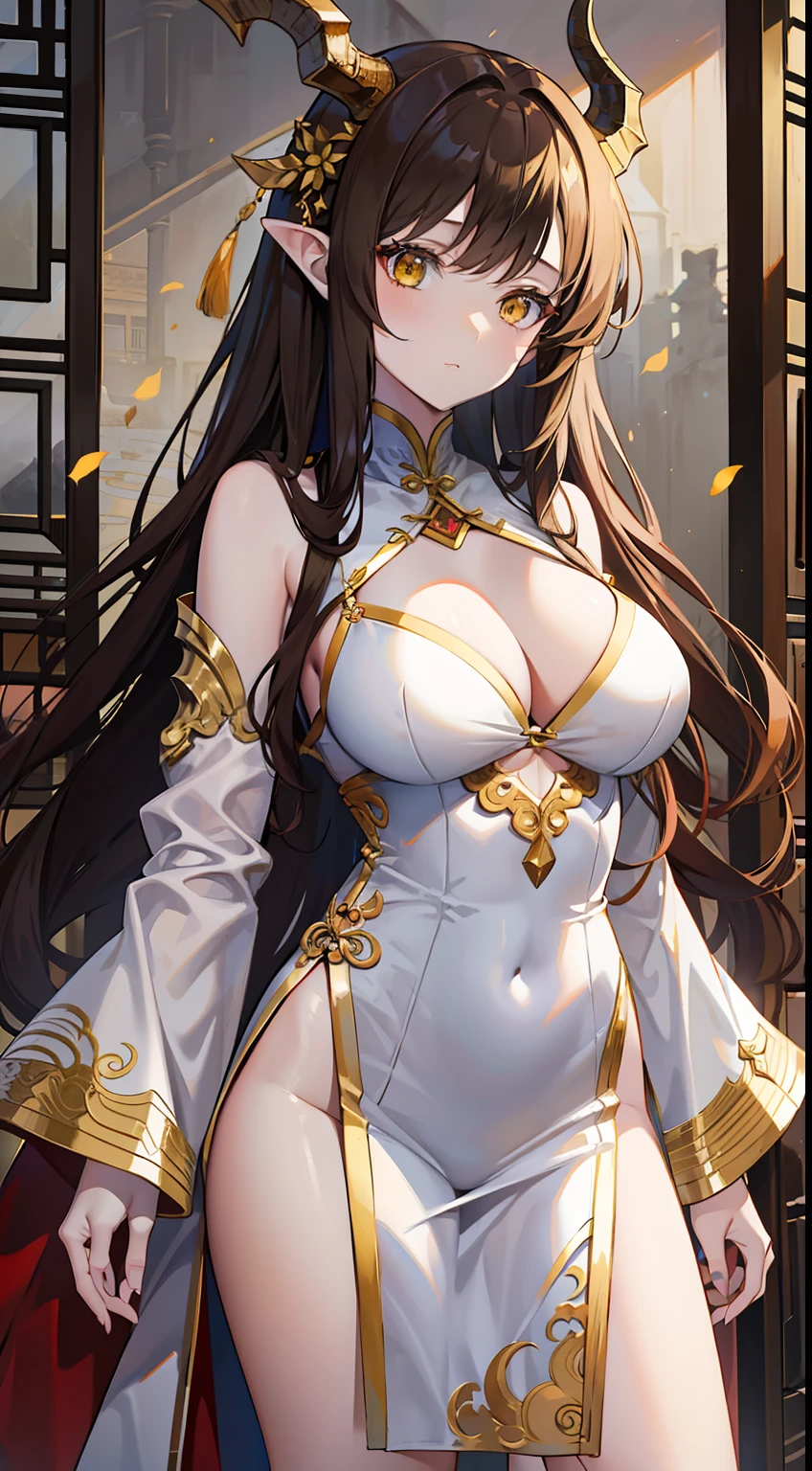 Tall girl, Long brown hair, dragon horns, Yellow eyes, white chinese dress, Gold inserts, open thighs, neckline on the chest, Masterpiece, hiquality