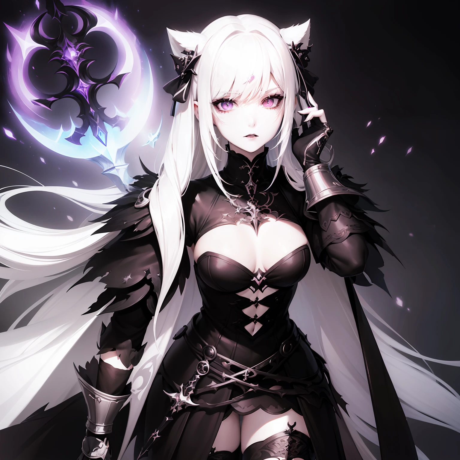 Anime girl with white hair and asymmetrical gothic style haircut, pale skinned, sobrancelhas brancas, light pink iris, black lipstick and extremely pointed dark gothic medieval armor. High quality Gothic-style image diffusion with white-haired anime girl, light pink iris and pale skin, Pose confiante, gloomy setting, gotas de chuva, olhar severo, rosto oval, Black Lipstick 8K Detailed and Dynamic Wallpaper