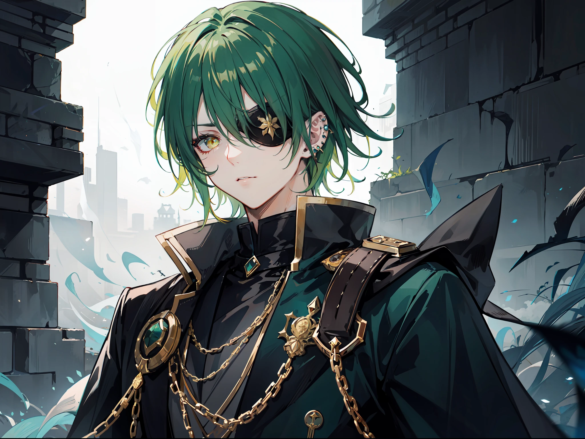 "Dark and epic atmosphere. Mature male with short and sharp green hair, piercing golden eyes, and an eyepatch. He exudes a formidable aura as the emperor."