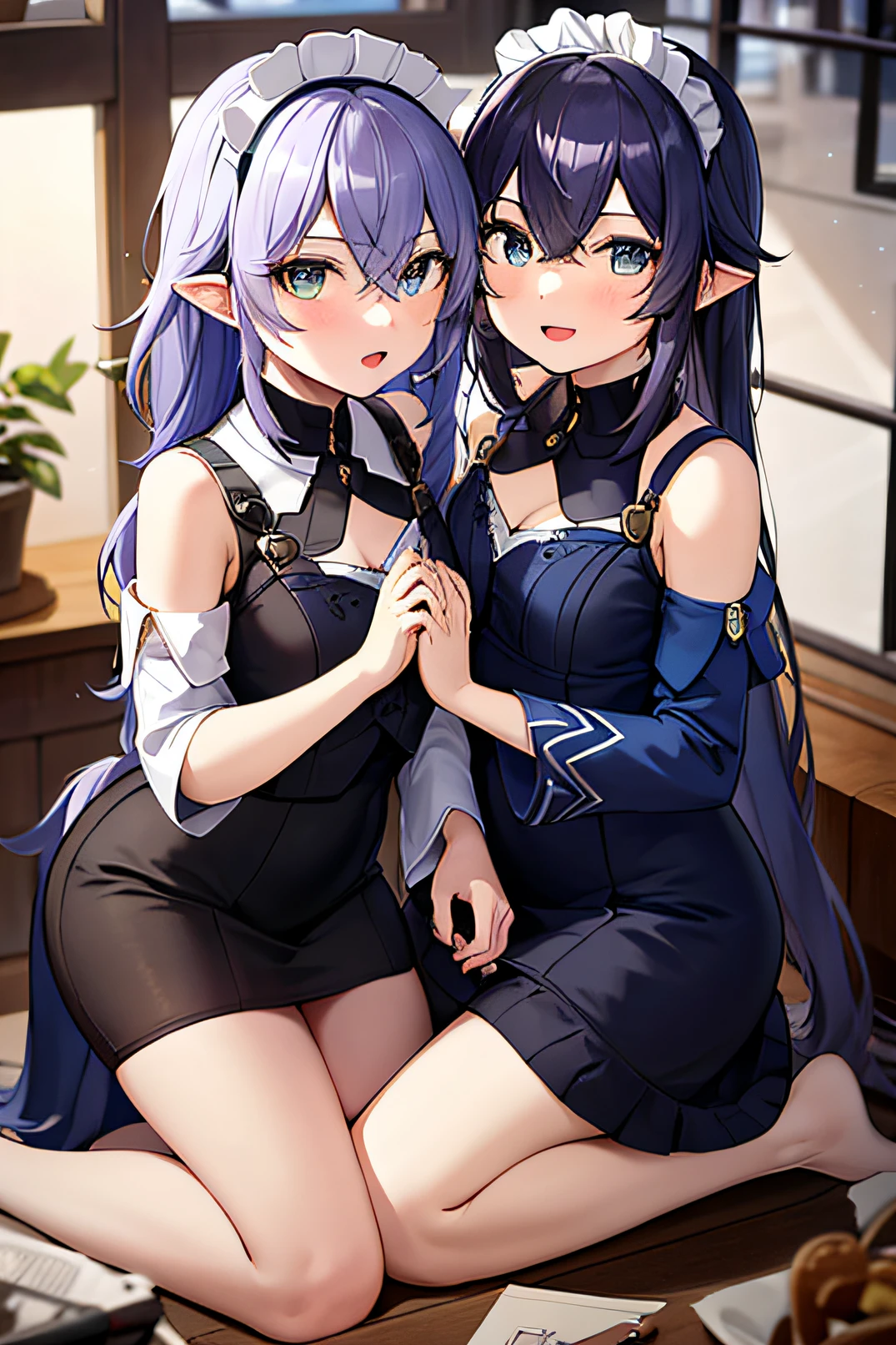 2girls,tmasterpiece,8K,Half realistic,4K,RTX,Shaders,brilliant texture work,Maid makeup,Kneeling pose,36D,Very intimate,Clothes are not fully covered