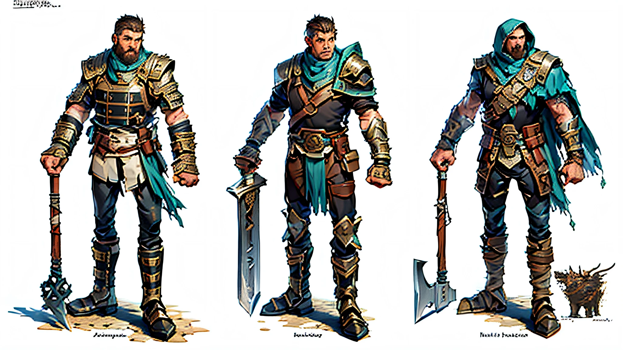 best quality, masterpiece, highly detailed, colored concept art sheet of three characters with weapons and leather and metal armor in a fantasy world, character concept art, warm colors, ultra sharp, realistic rendering, detailed full body, ultra detailed, 8k, trending on artstation, ultra realistic and sharp detail and intricate, intricate details, and style, simple background illustration, white flat background