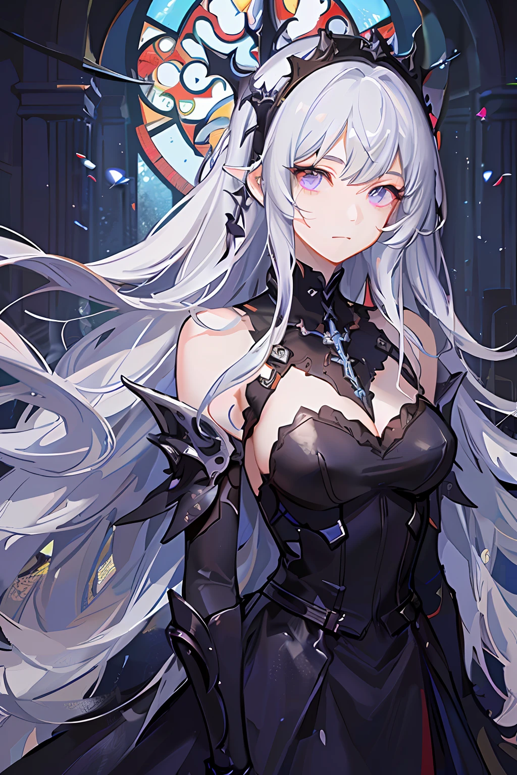 grey hair, colored inner hair, crossed bangs, long hair, messy hair, halo, glowing eyes, purple eyes, expressionless, Surrealism, drop shadow, stereogram, tachi-e, chiaroscuro, 8k, super detail, ccurate, best quality, black dress, shawl, mechanical doll, black boots, standing in dark church, composition, proportion, foreground, medium scene, background, perspective, light, color, texture, detail, beauty, miracle. Quiet and eerie, high details, super detail, single, armored dress, dark fantacy, UHD, masterpiece, best quality, royal sister, stained glass, beautiful and detailed eyes, jellyfish,