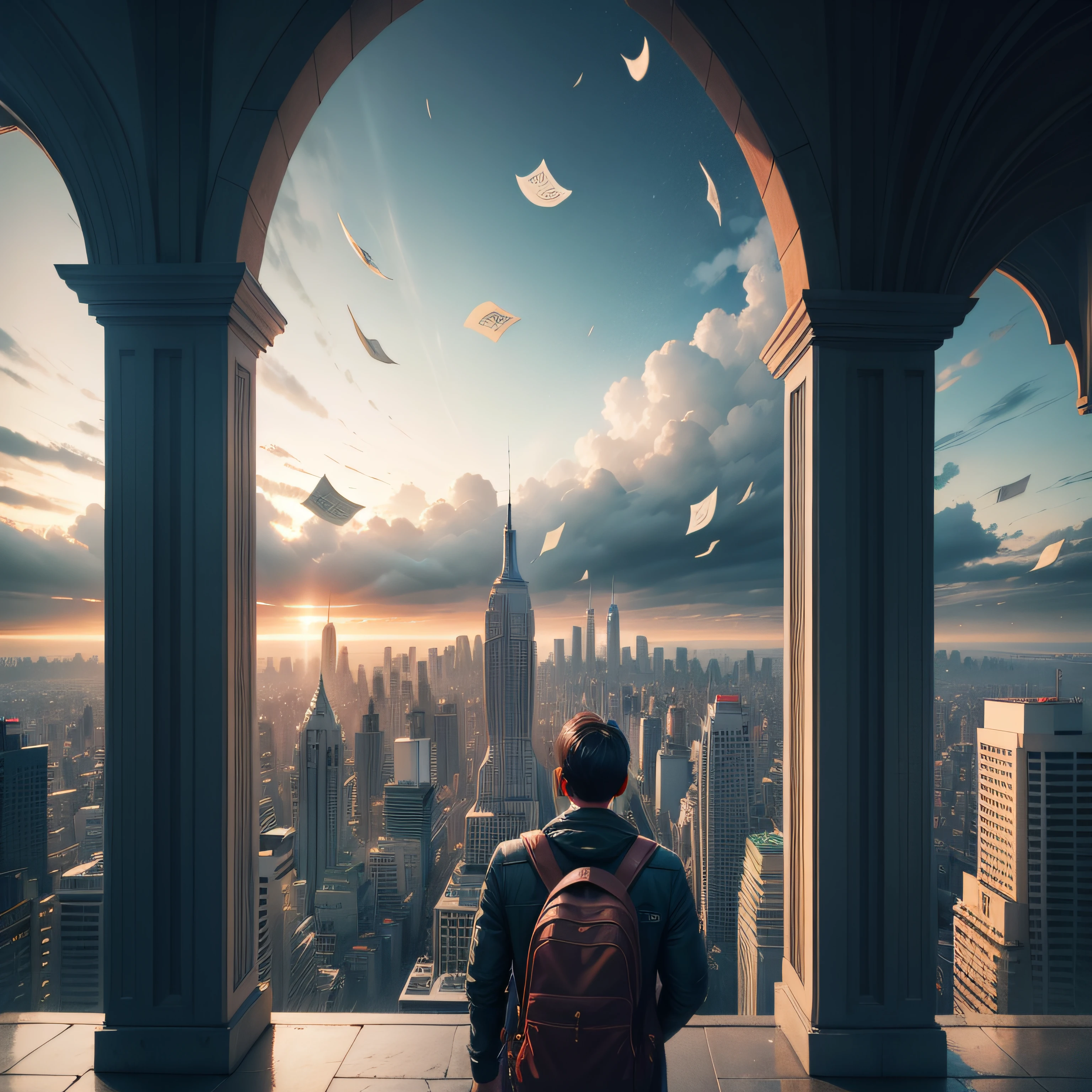 Banknotes falling from the sky　city scenery