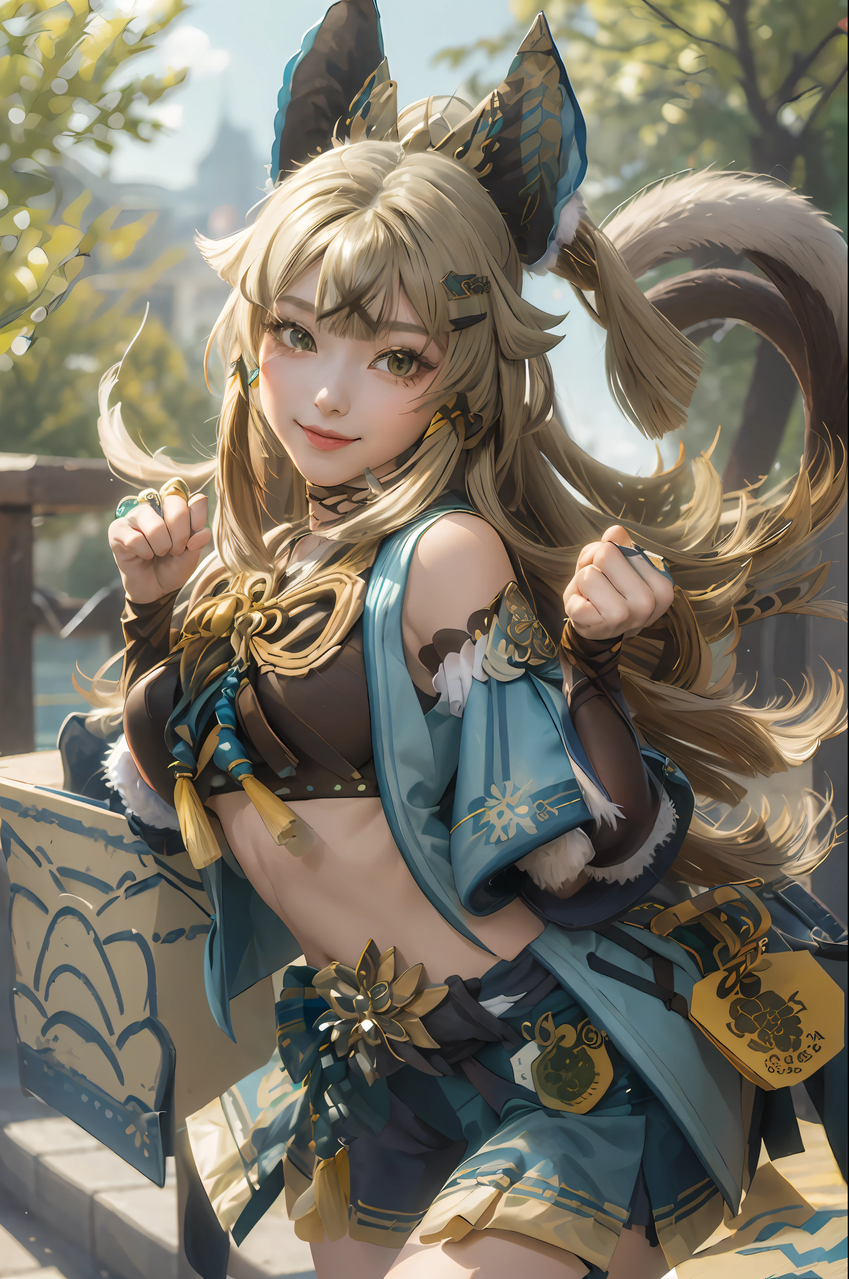 (masterpiece, best quality:1.2), cowboy shot, solo, 1girl, kirara, smile, looking at viewer, (paw pose:1.1), ahoge, hair ornament, animal ears, detached sleeves, miniskirt, (gloves:1.1), tassel, midriff