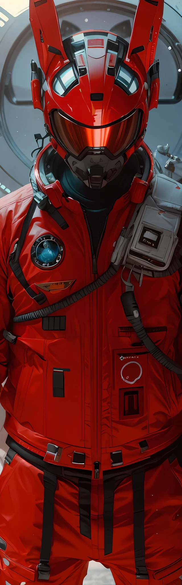 In front of the satellite stood a man in a red spacesuit, wojtek fus, sci - fi details, science fiction suit, intense sci-fi details, Ultra detail. Digital painting, science fiction suit, Tech flight suits, Advanced technology flight suit, craig mullins style, detailed sci-fi art, futuristic spacesuit, Sci-fi spacesuit