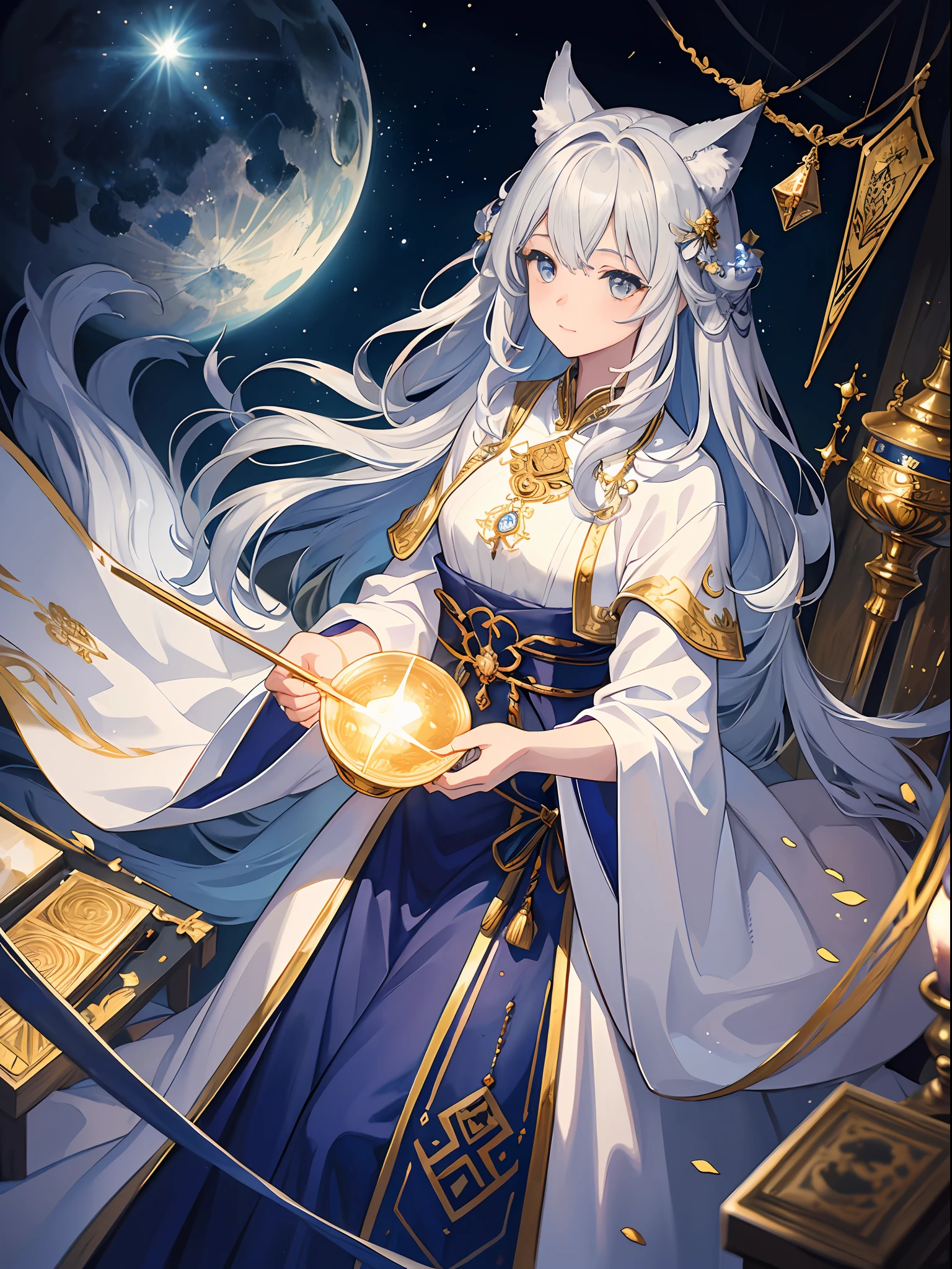 ((4K、​masterpiece、top-quality))、ink and watercolor painting、ink and watercolor painting、Witches、Silver eyes、Silvery hair、traditional clothes、Traditional costumes、Wolf ears、Beautiful light reflection、lensflare、Seasonal geometric patterns、natural、the golden ratio、sound effects