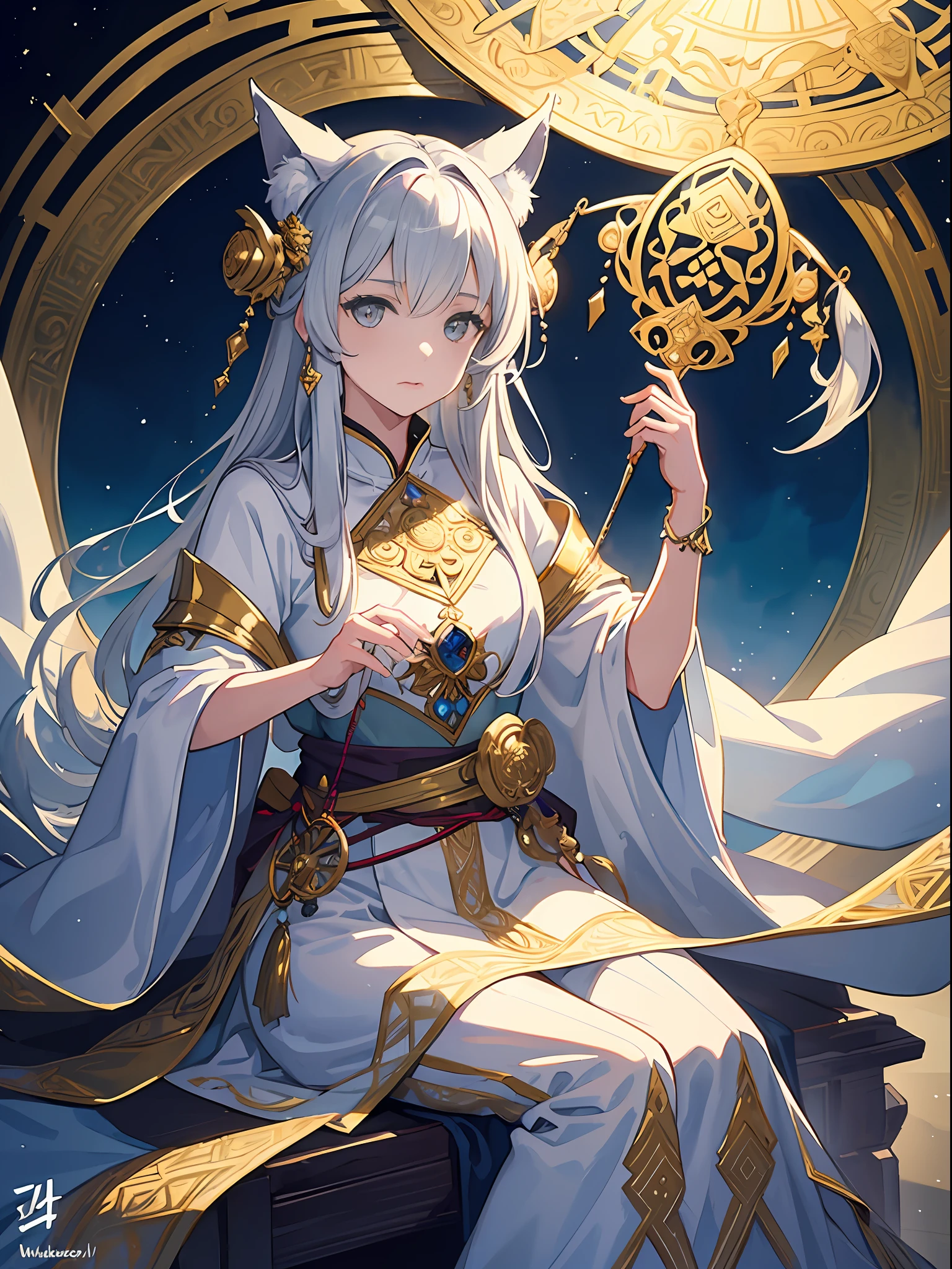 ((4K、masterpiece、top-quality))、ink and watercolor painting、ink and watercolor painting、Witches、Silver eyes、Silvery hair、traditional clothes、Traditional costumes、Wolf ears、Beautiful light reflection、lensflare、Seasonal geometric patterns、natural、the golden ratio、sound effects