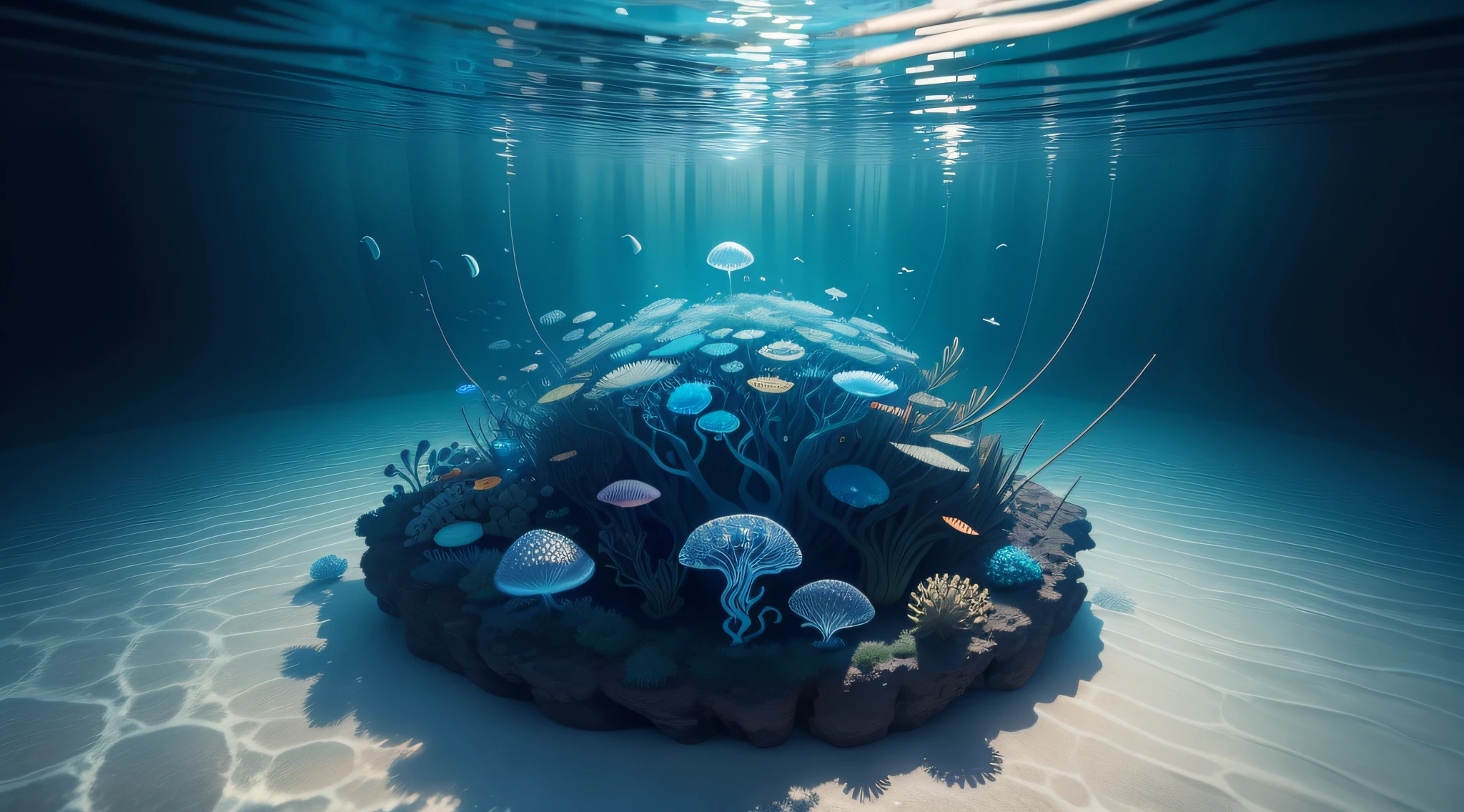 Masterpiece,(Best quality),Highly detailed,Ultra-detailed,Realist,（under the water：1.5）,wide wide shot,(Buble:0.3),peaceful and serene，Clean seawater，（A small amount of jellyfish:1.2）,(em cor azul escuro）,