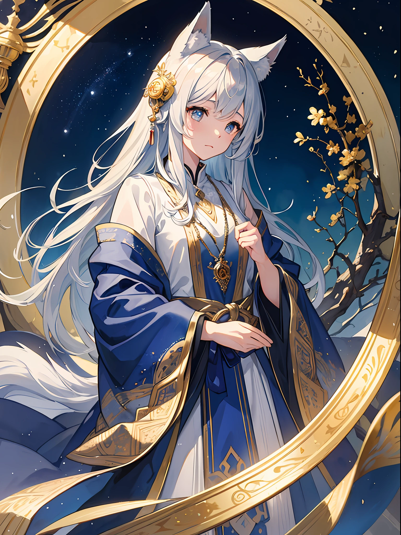 ((4K、masterpiece、top-quality))、ink and watercolor painting、ink and watercolor painting、Witches、Silver eyes、Silvery hair、traditional clothes、Traditional costumes、Wolf ears、Beautiful light reflection、lensflare、Seasonal geometric patterns、natural、the golden ratio、sound effects